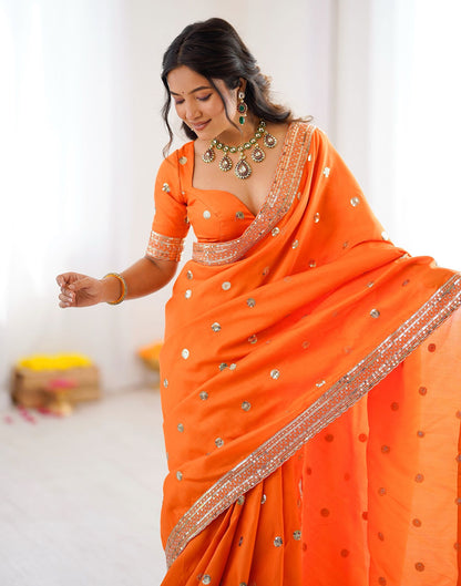 Orange Silk Sequence Embroidery Saree