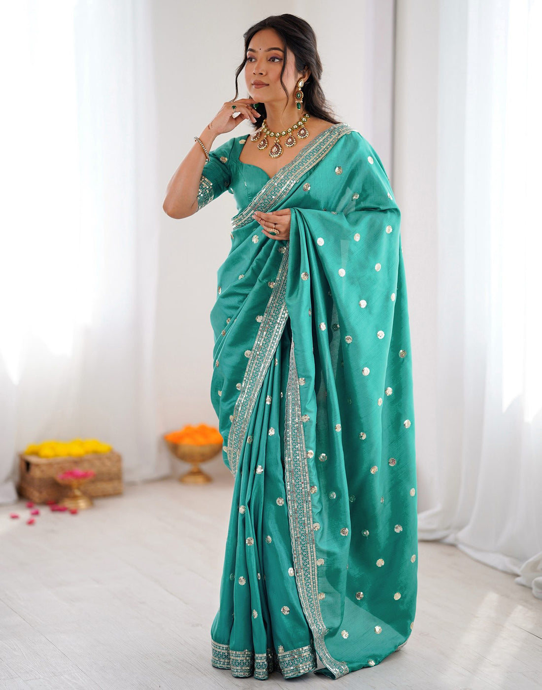 Dusty Teal Green Silk Sequence Embroidery Saree