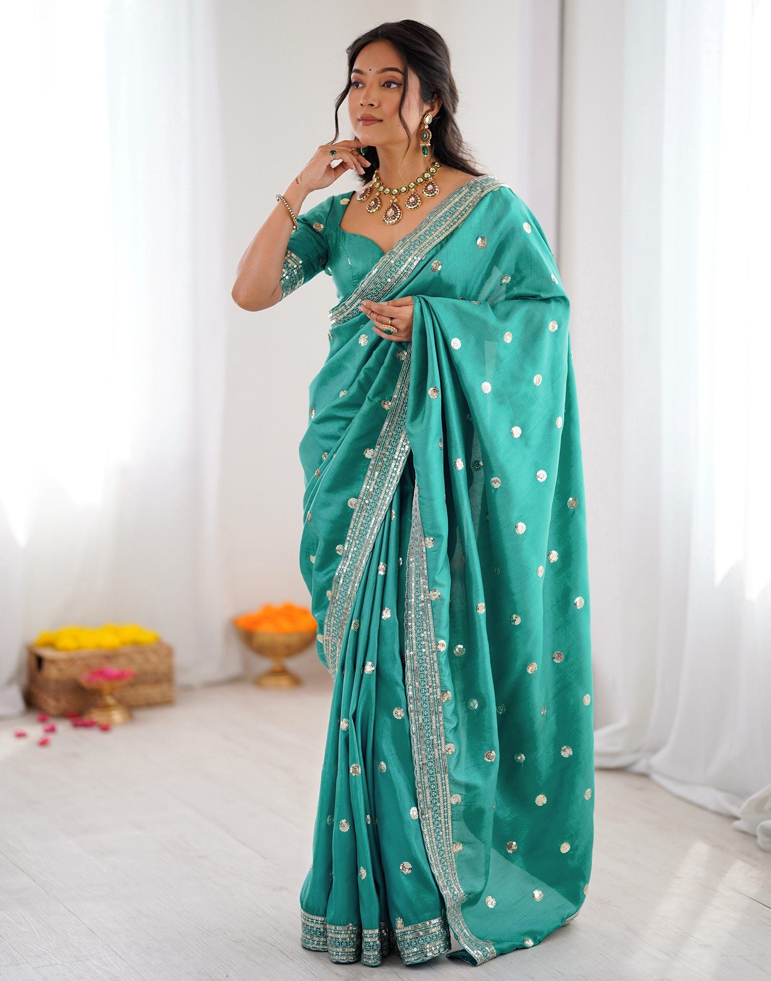 Dusty Teal Green Silk Sequence Embroidery Saree