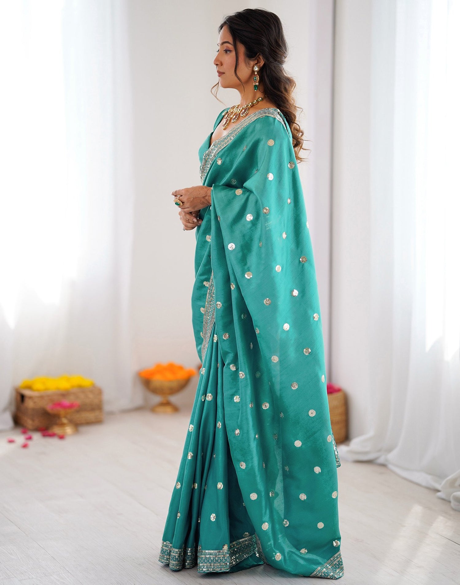 Dusty Teal Green Silk Sequence Embroidery Saree