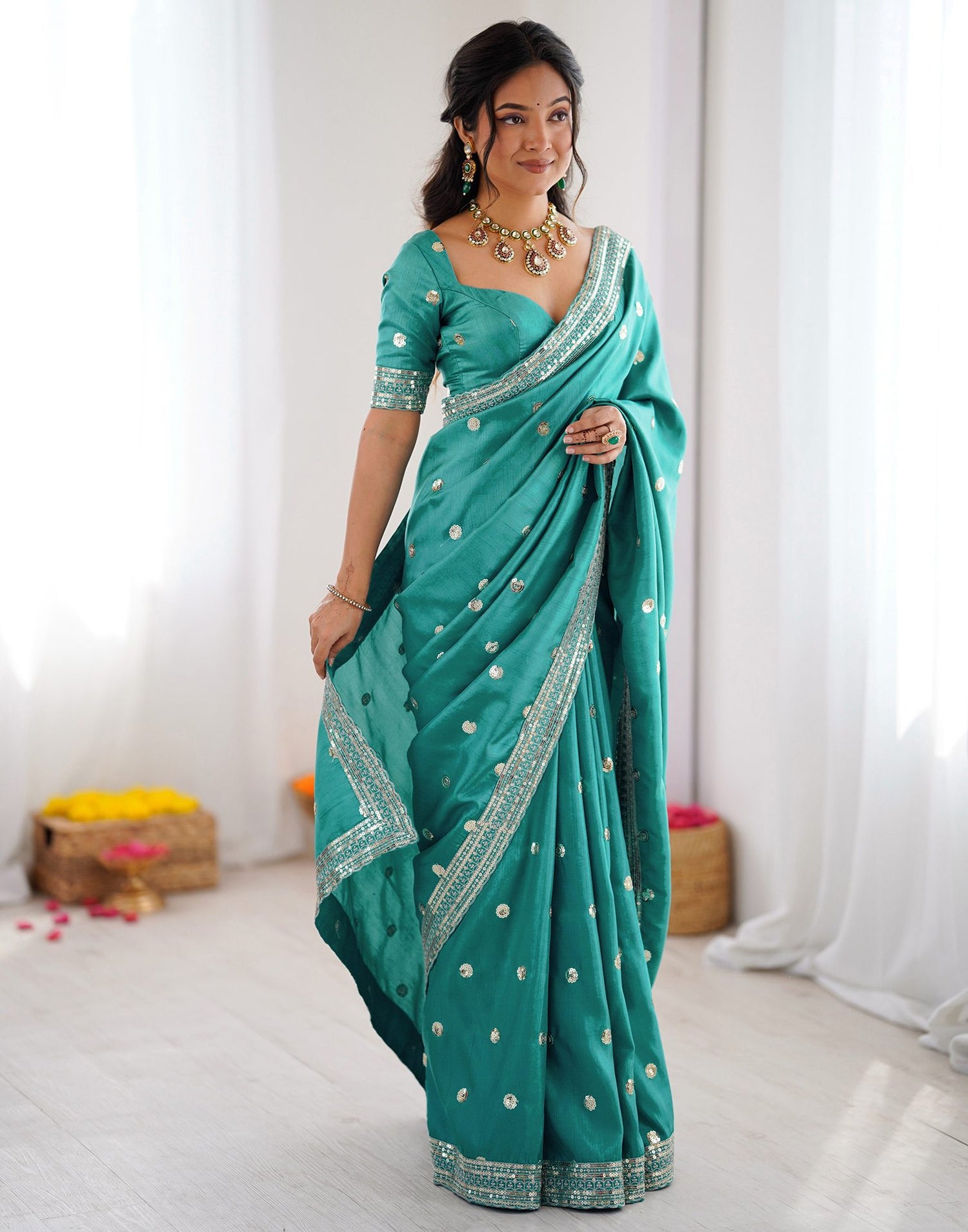 Dusty Teal Green Silk Sequence Embroidery Saree