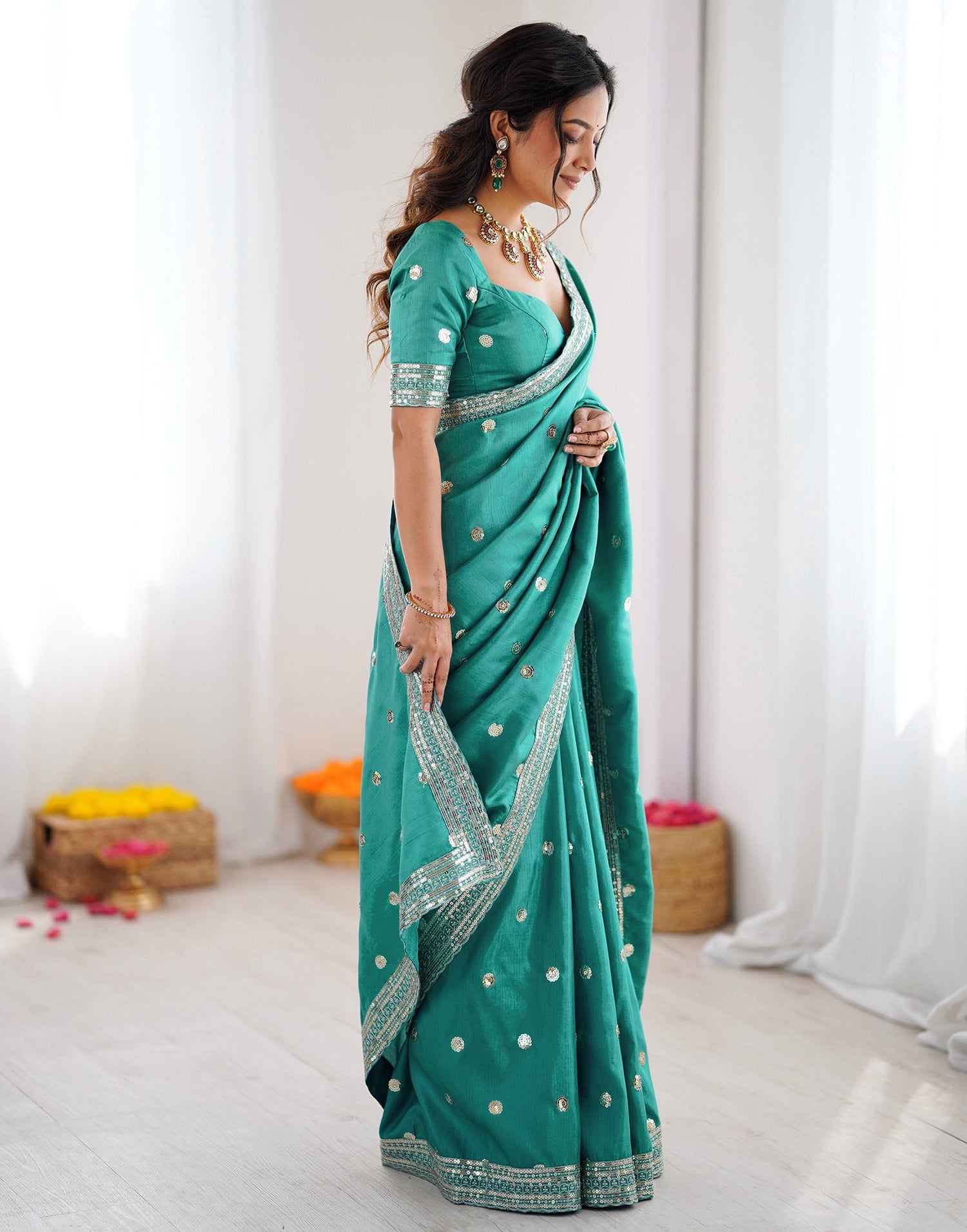 Dusty Teal Green Silk Sequence Embroidery Saree