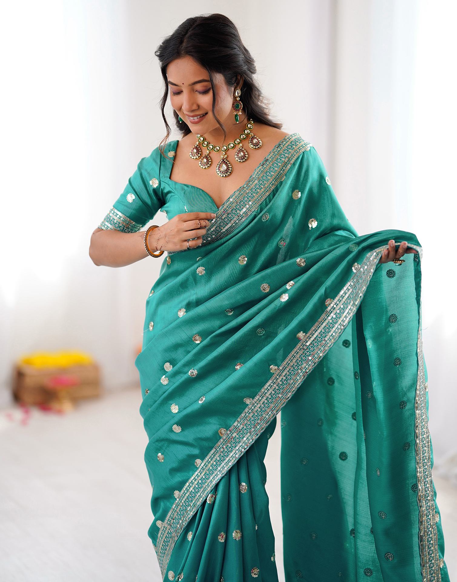 Dusty Teal Green Silk Sequence Embroidery Saree