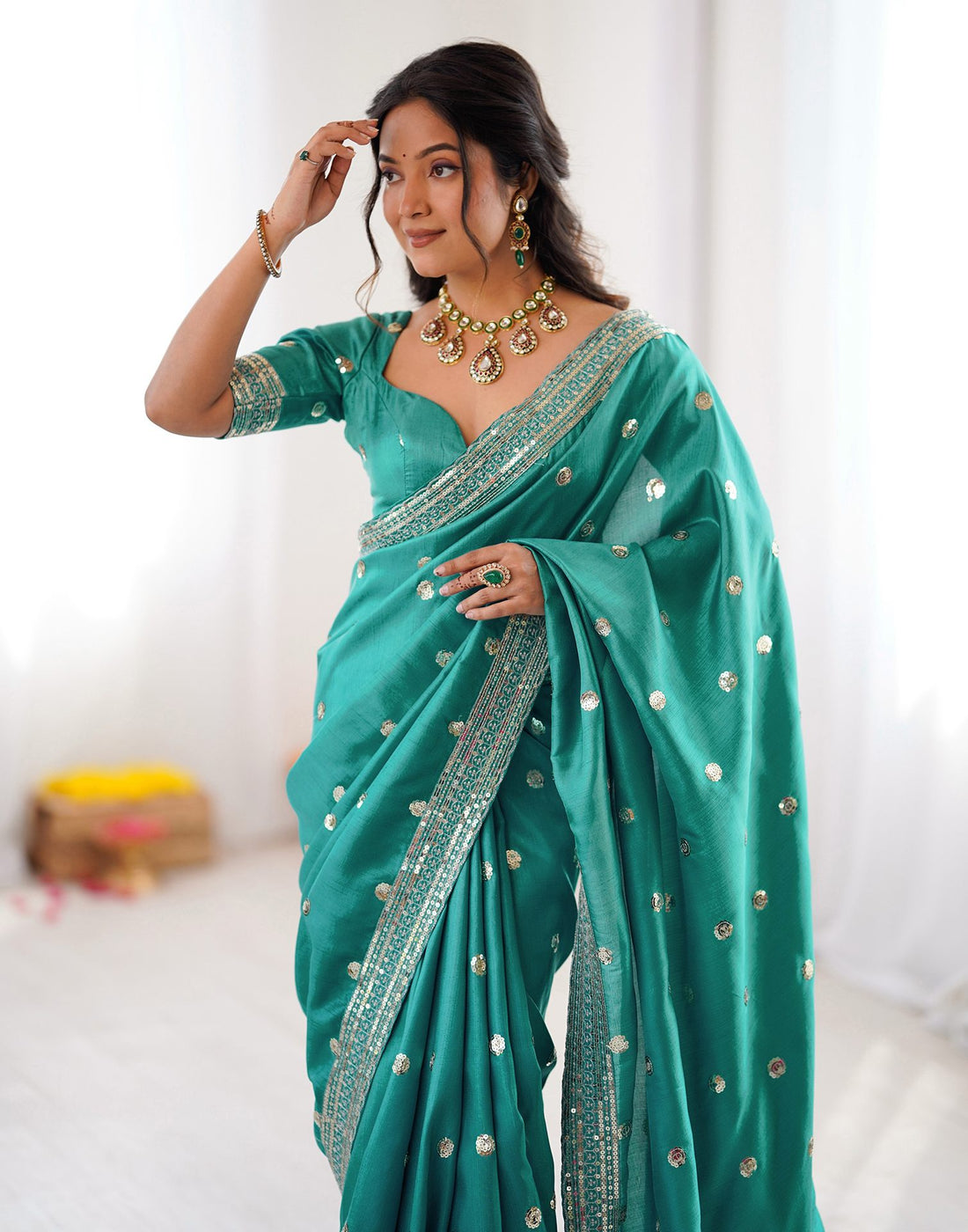 Dusty Teal Green Silk Sequence Embroidery Saree
