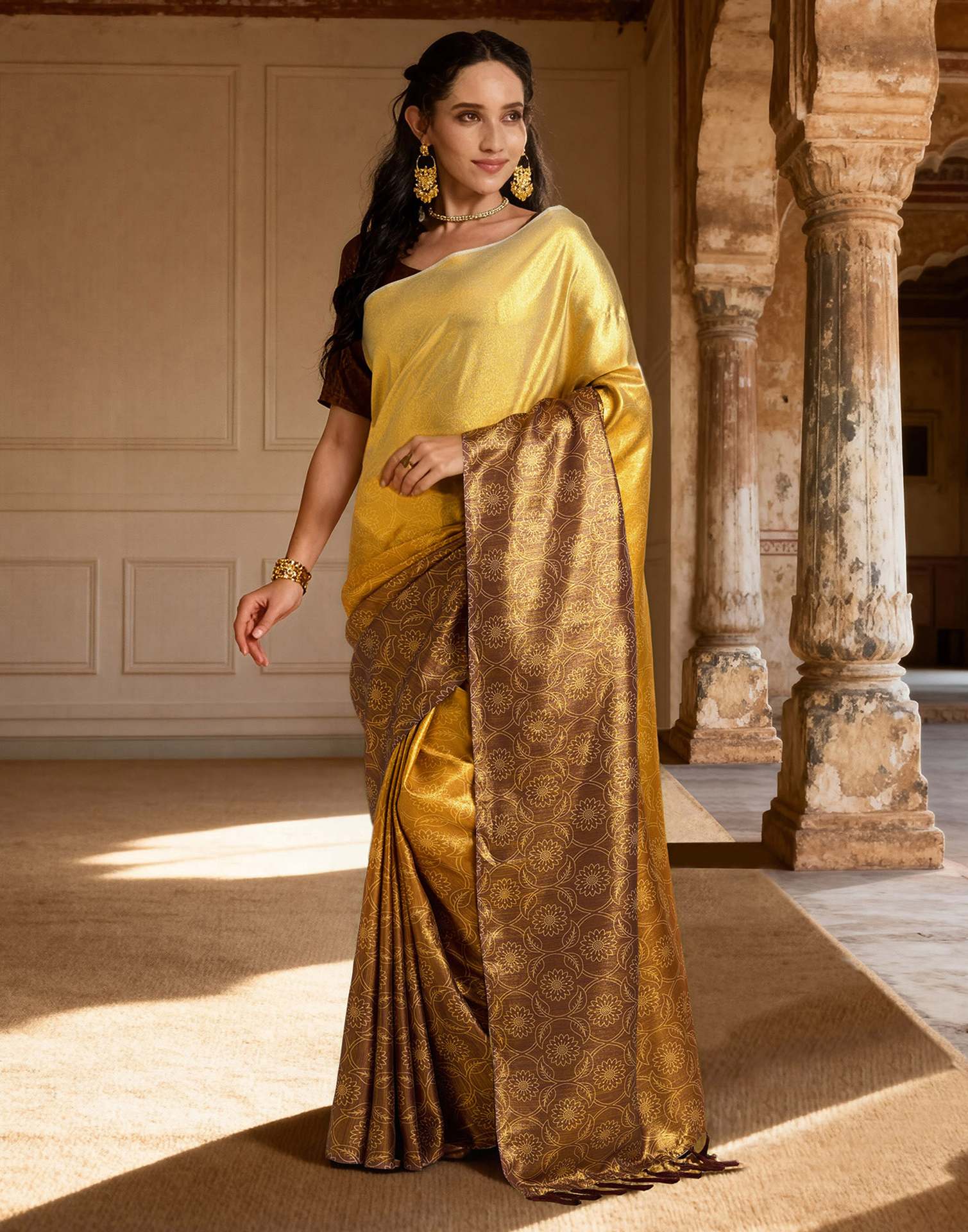 Yellow Silk Printed Saree