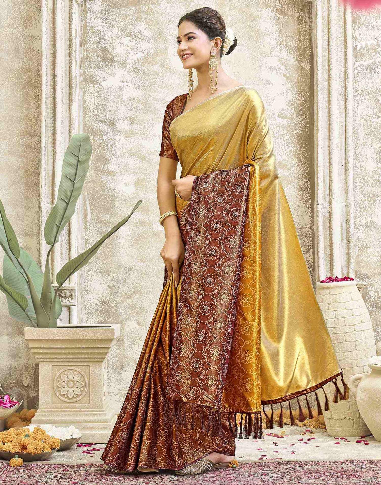 Yellow Silk Printed Saree