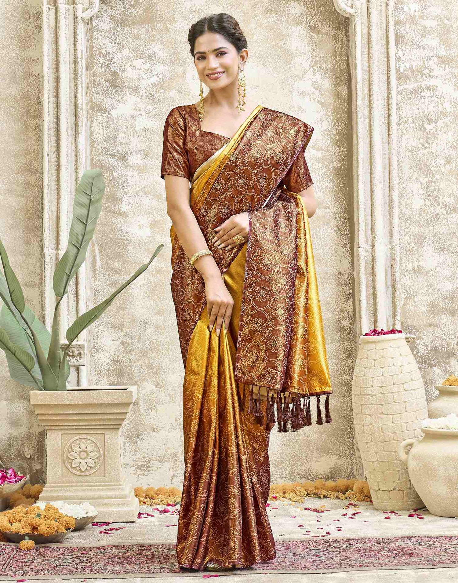 Yellow Silk Printed Saree