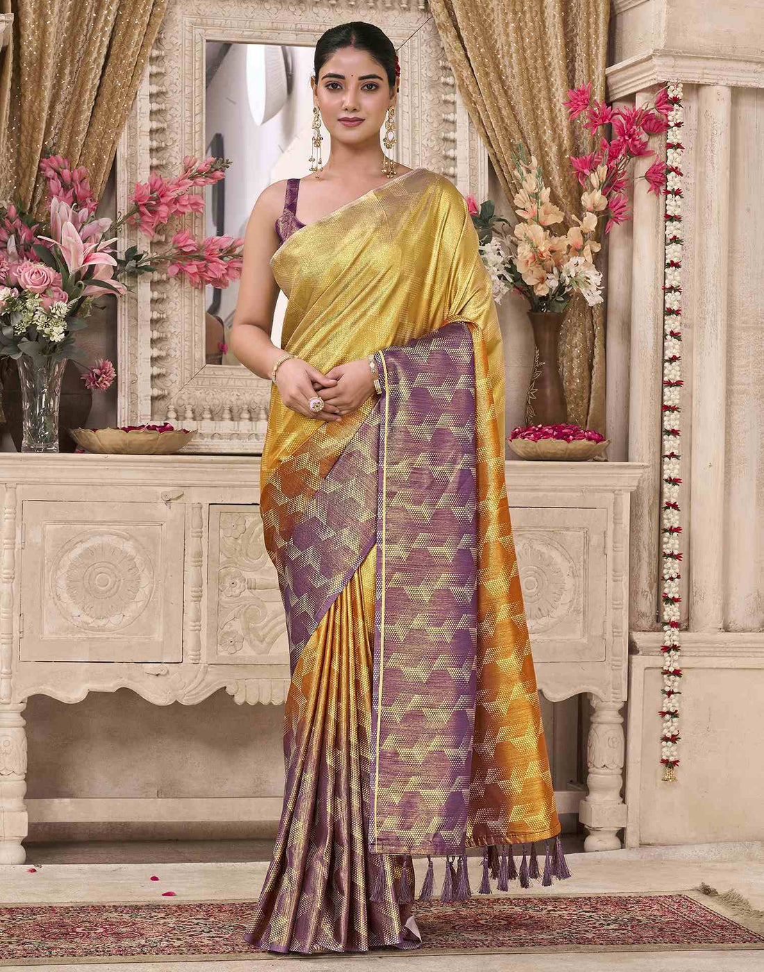 Yellow Silk Printed Saree