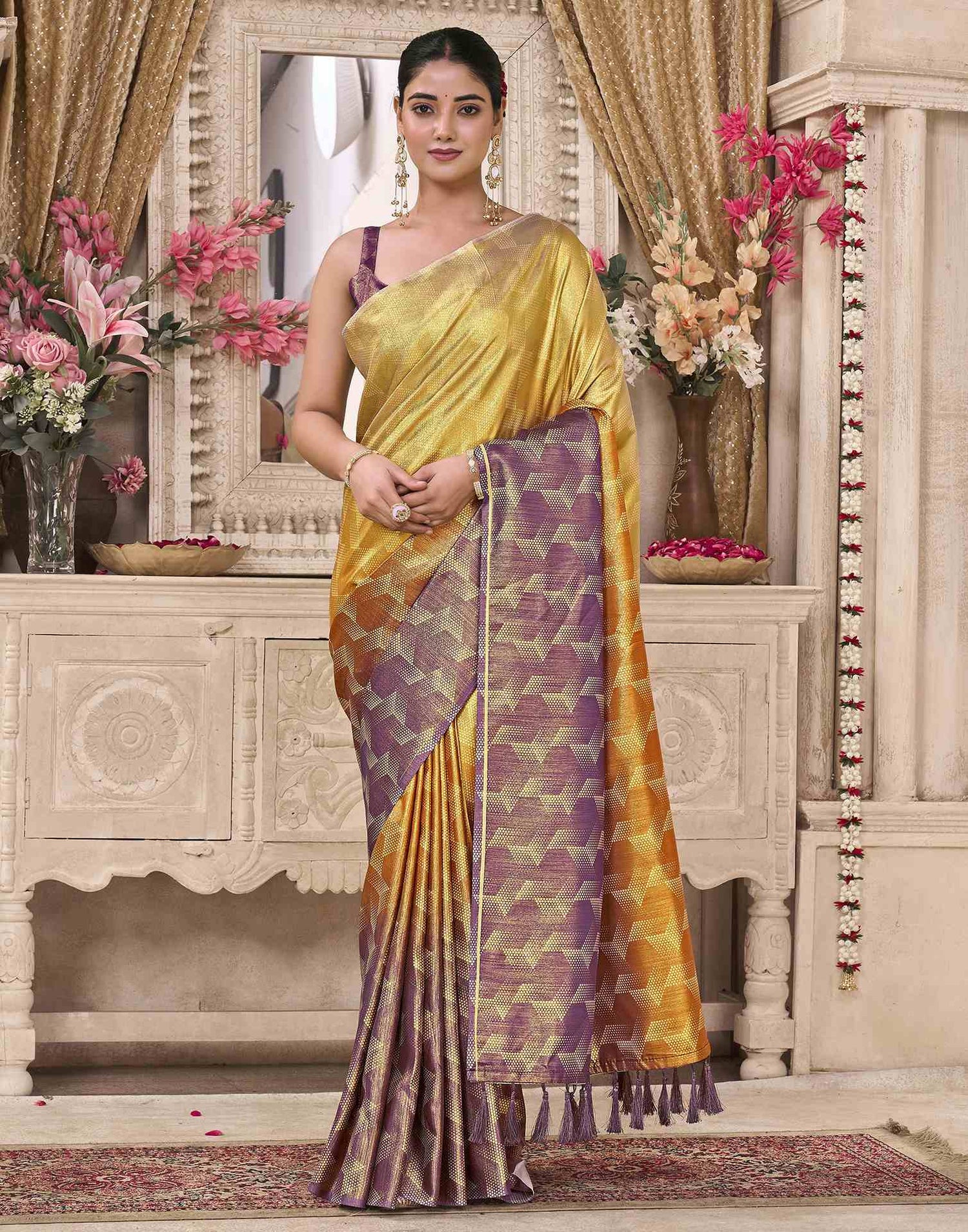 Yellow Silk Printed Saree
