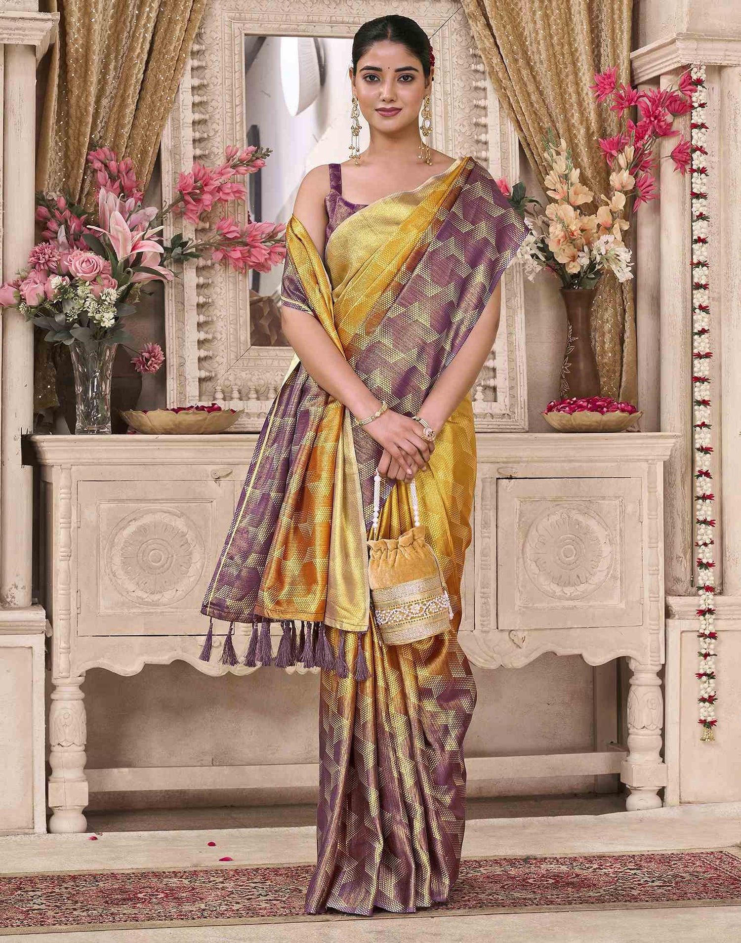 Yellow Silk Printed Saree