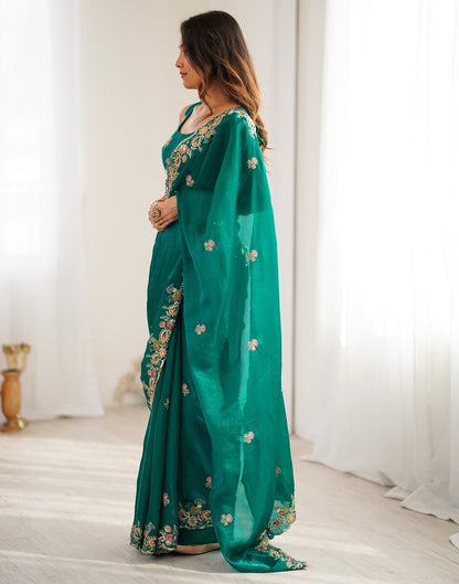 Teal Green Silk Embroidery Saree