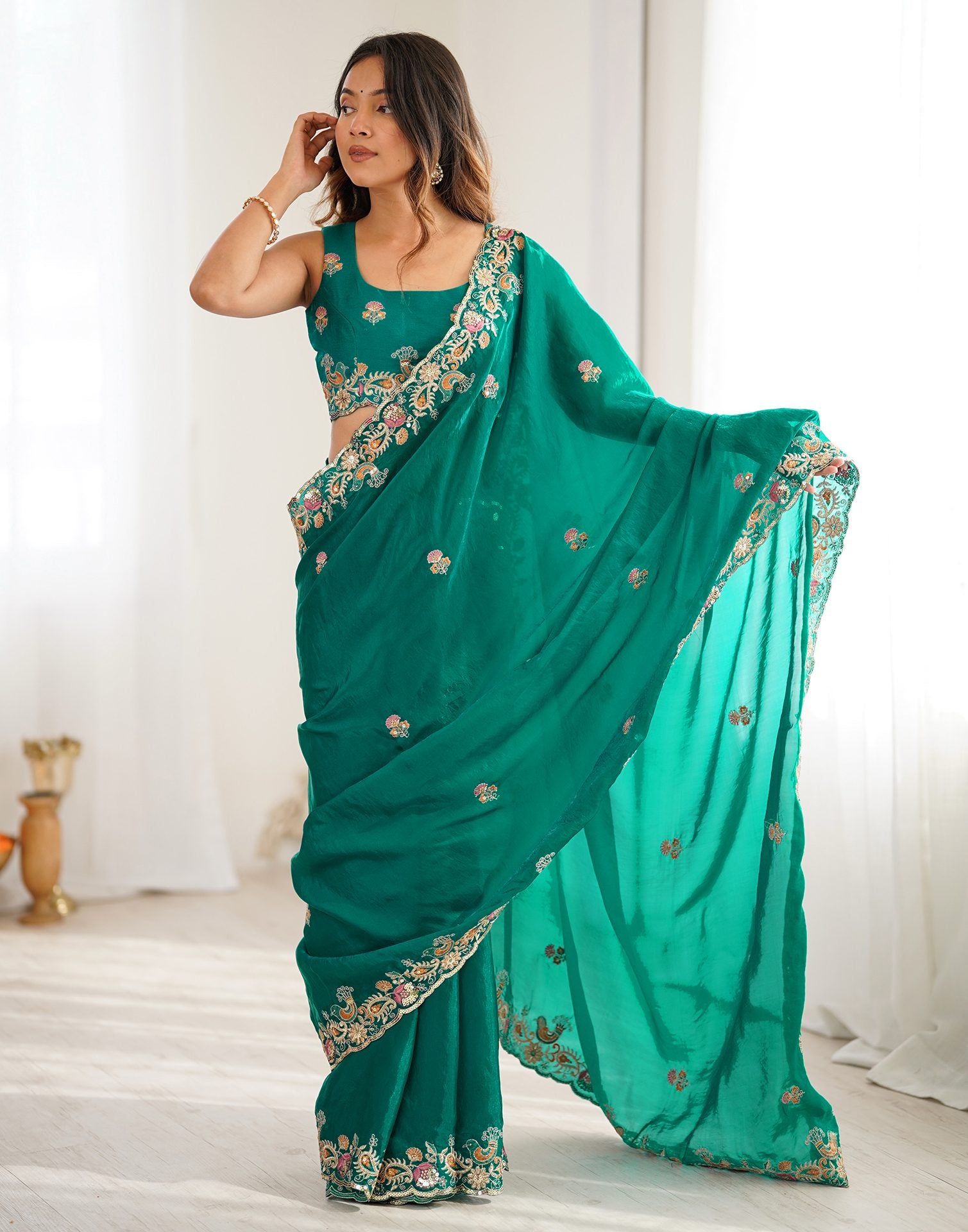 Teal Green Silk Embroidery Saree