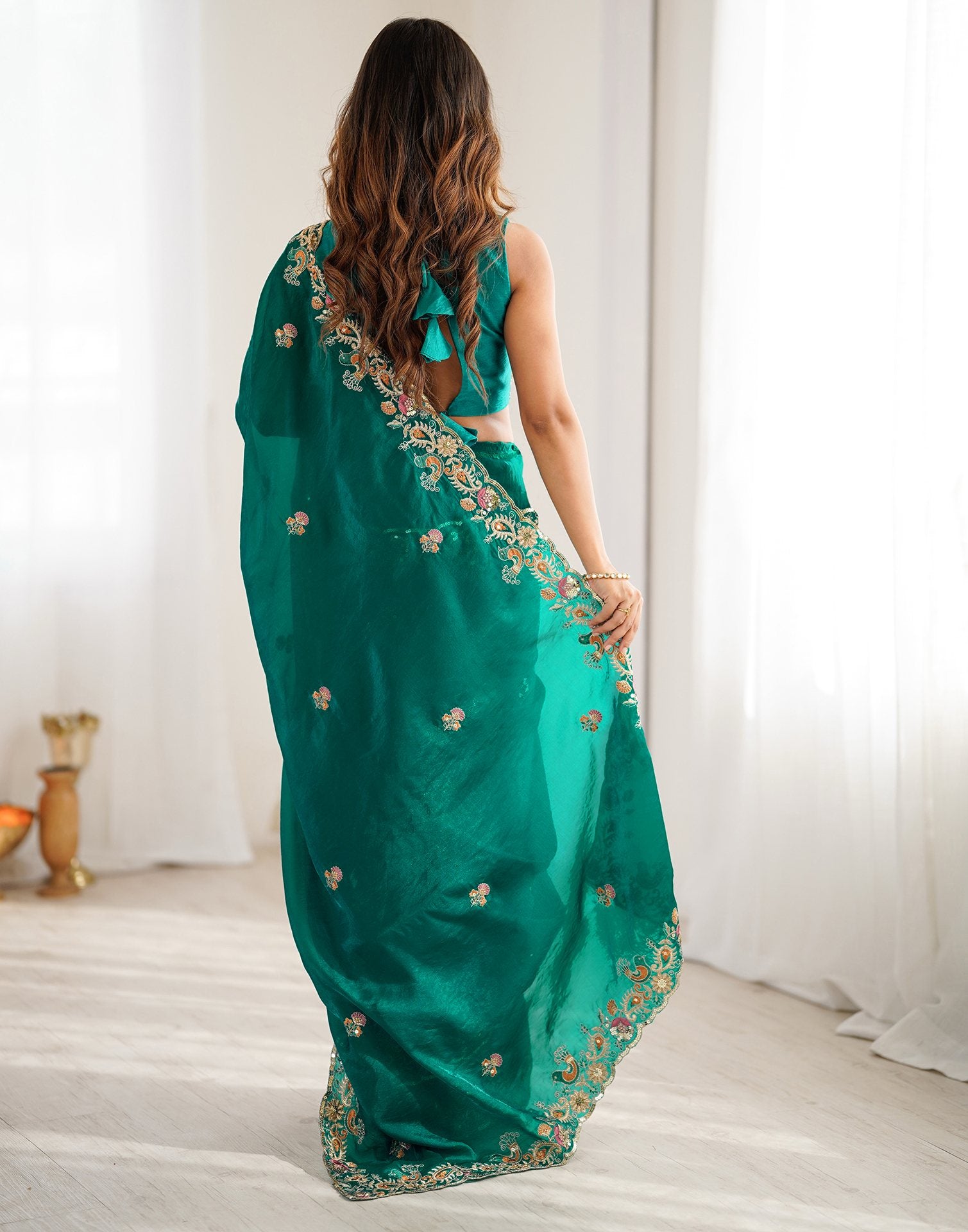 Teal Green Silk Embroidery Saree