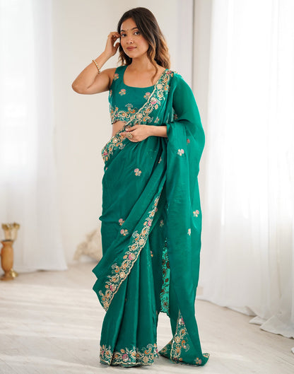 Teal Green Silk Embroidery Saree