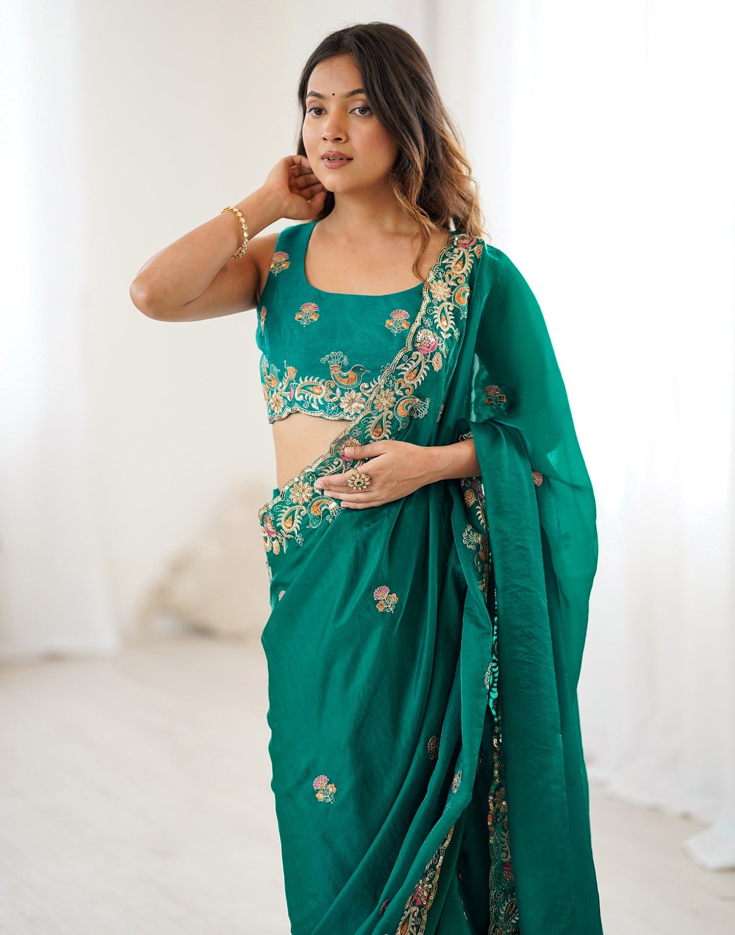 Teal Green Silk Embroidery Saree