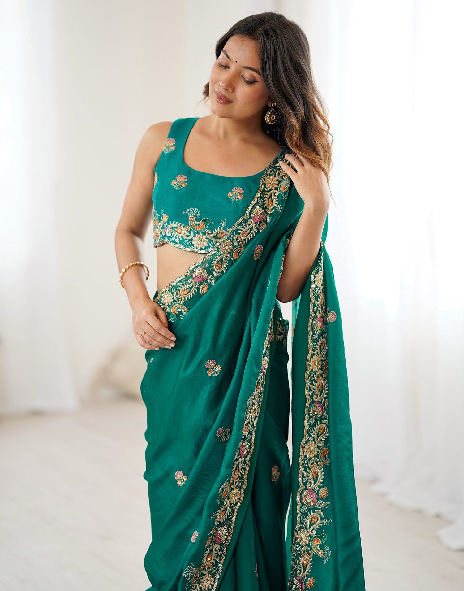 Teal Green Silk Embroidery Saree