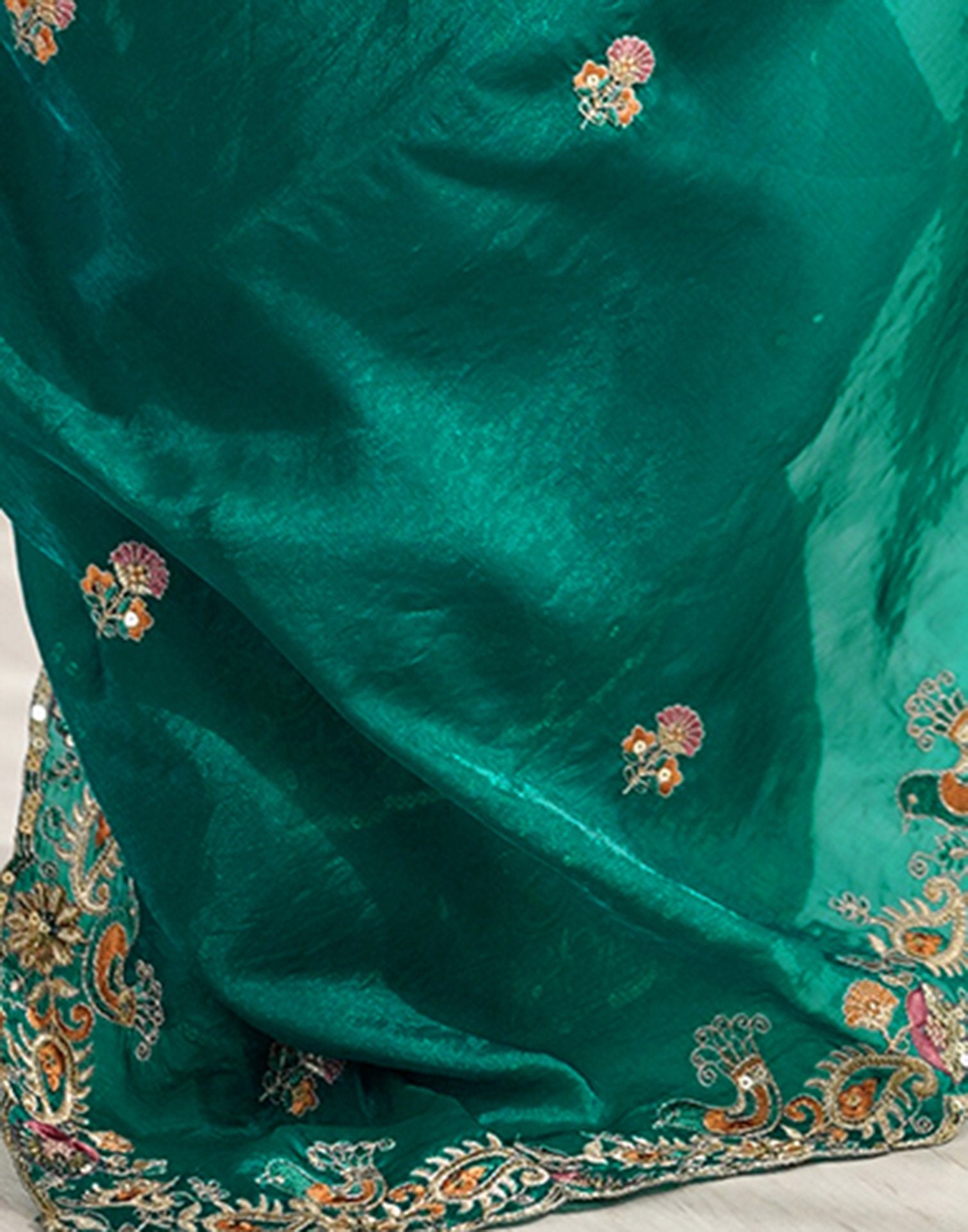 Teal Green Silk Embroidery Saree