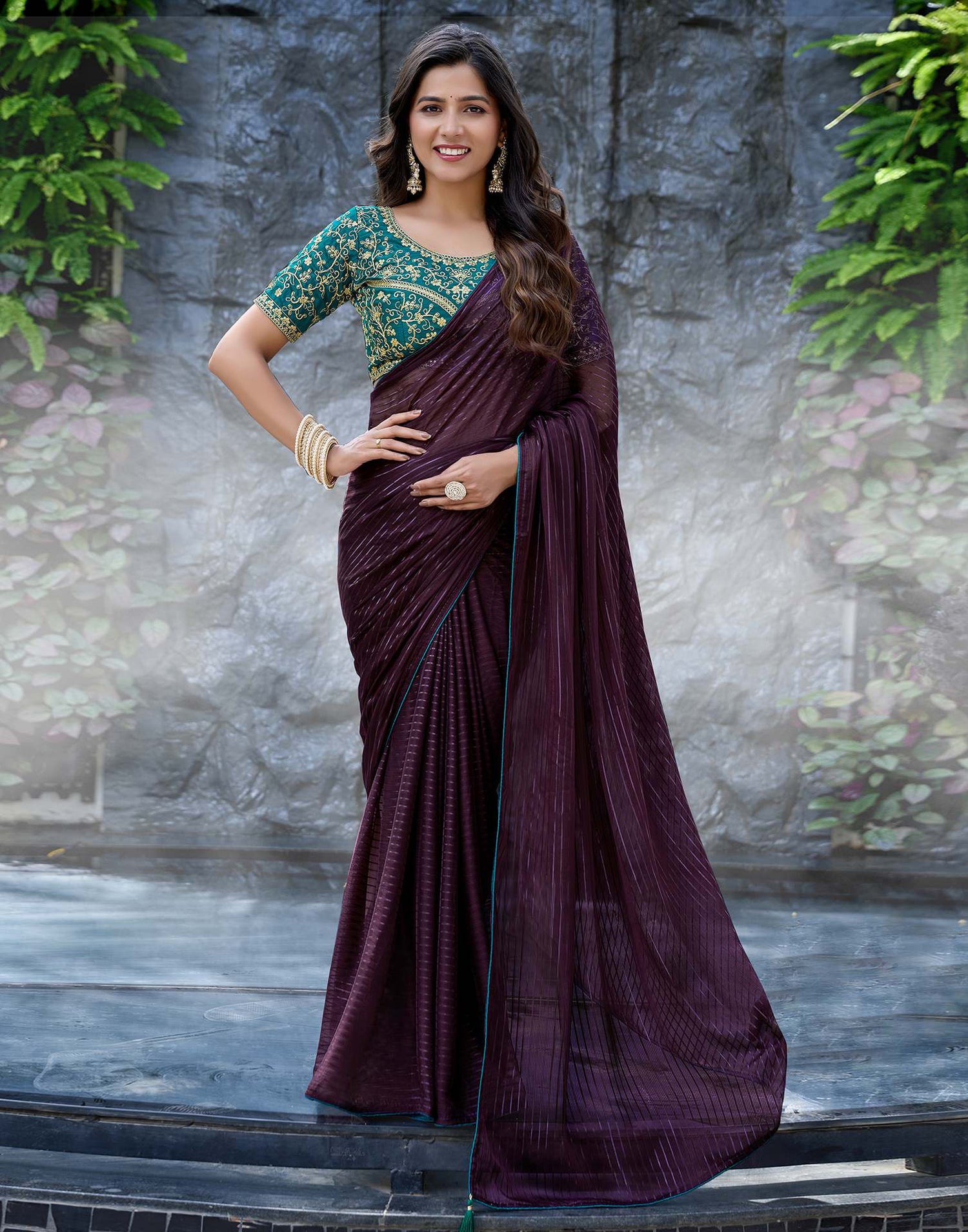 Wine Georgette Zari Stripe Saree
