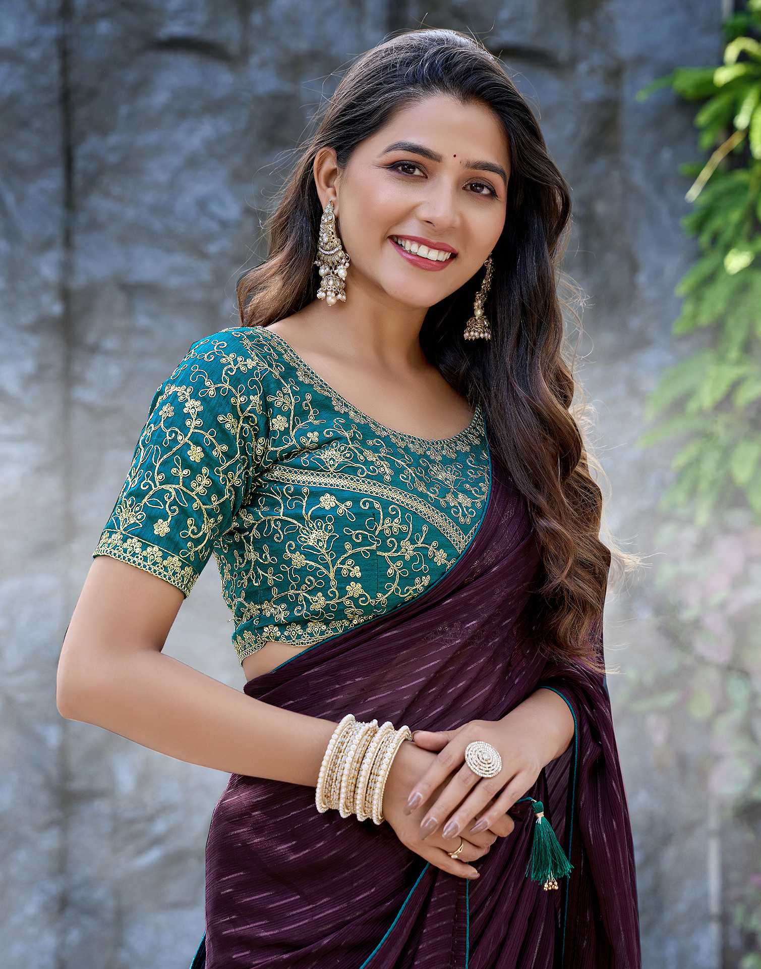 Wine Georgette Zari Stripe Saree