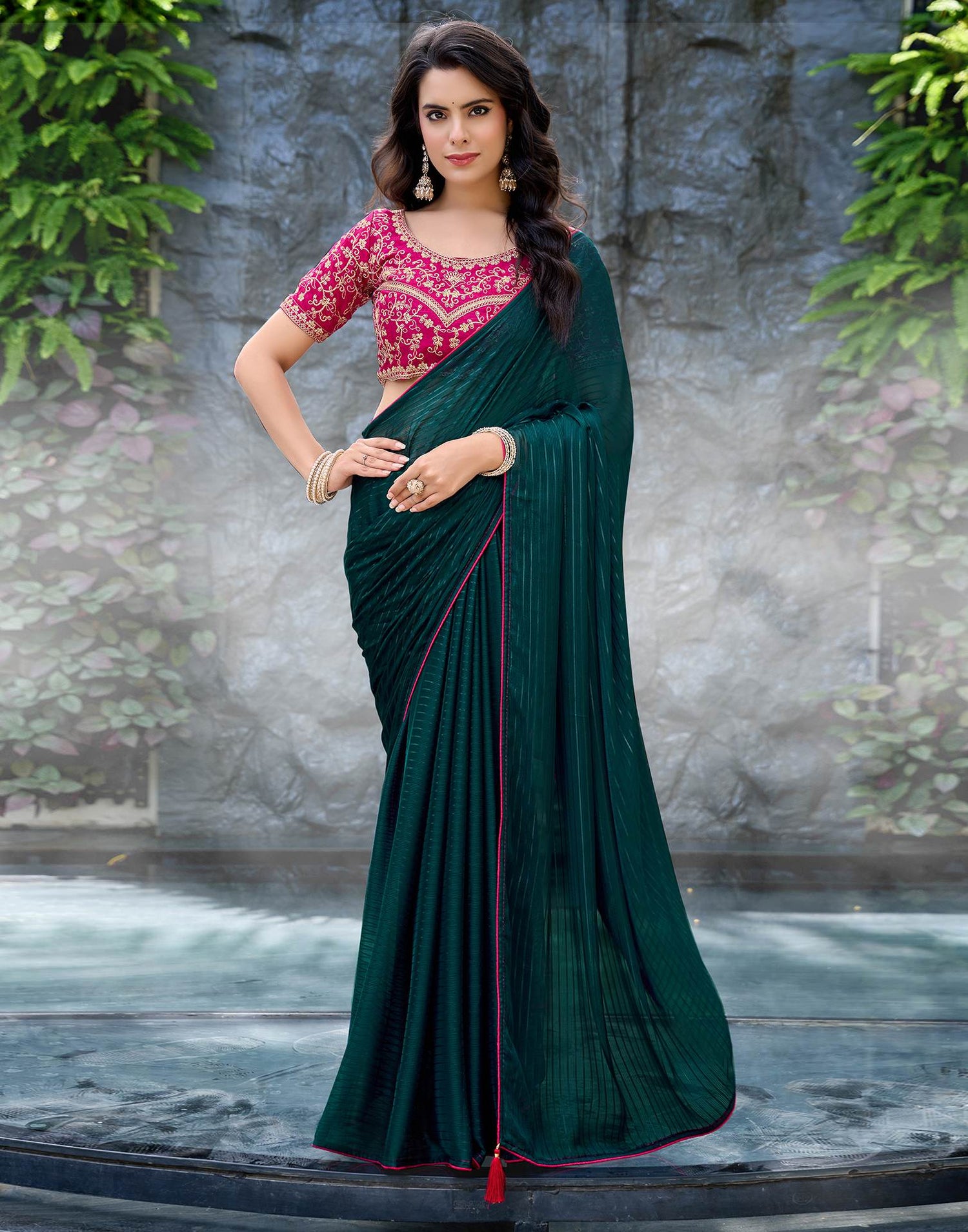 Rama Green Georgette Zari Stripe Saree