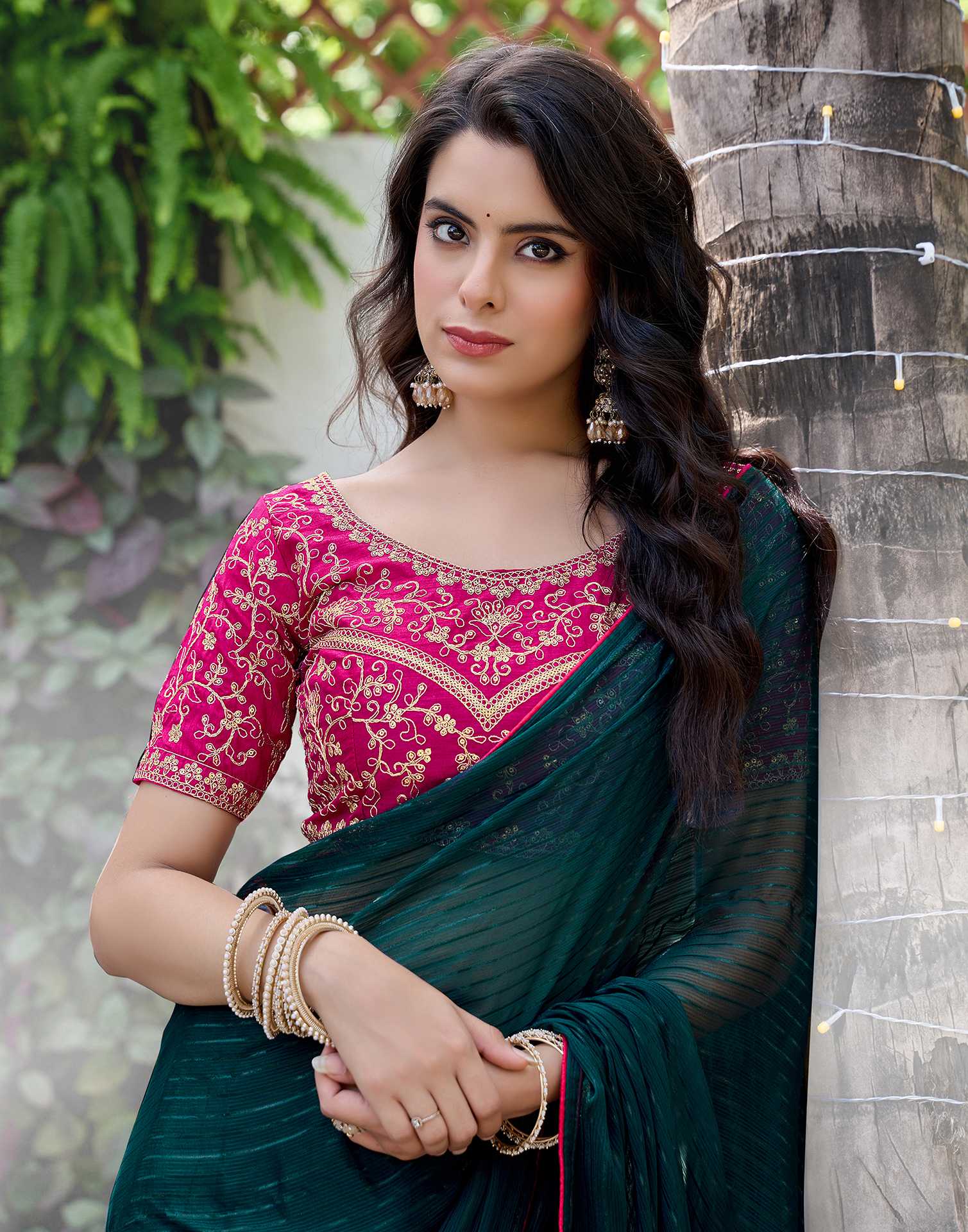 Rama Green Georgette Zari Stripe Saree