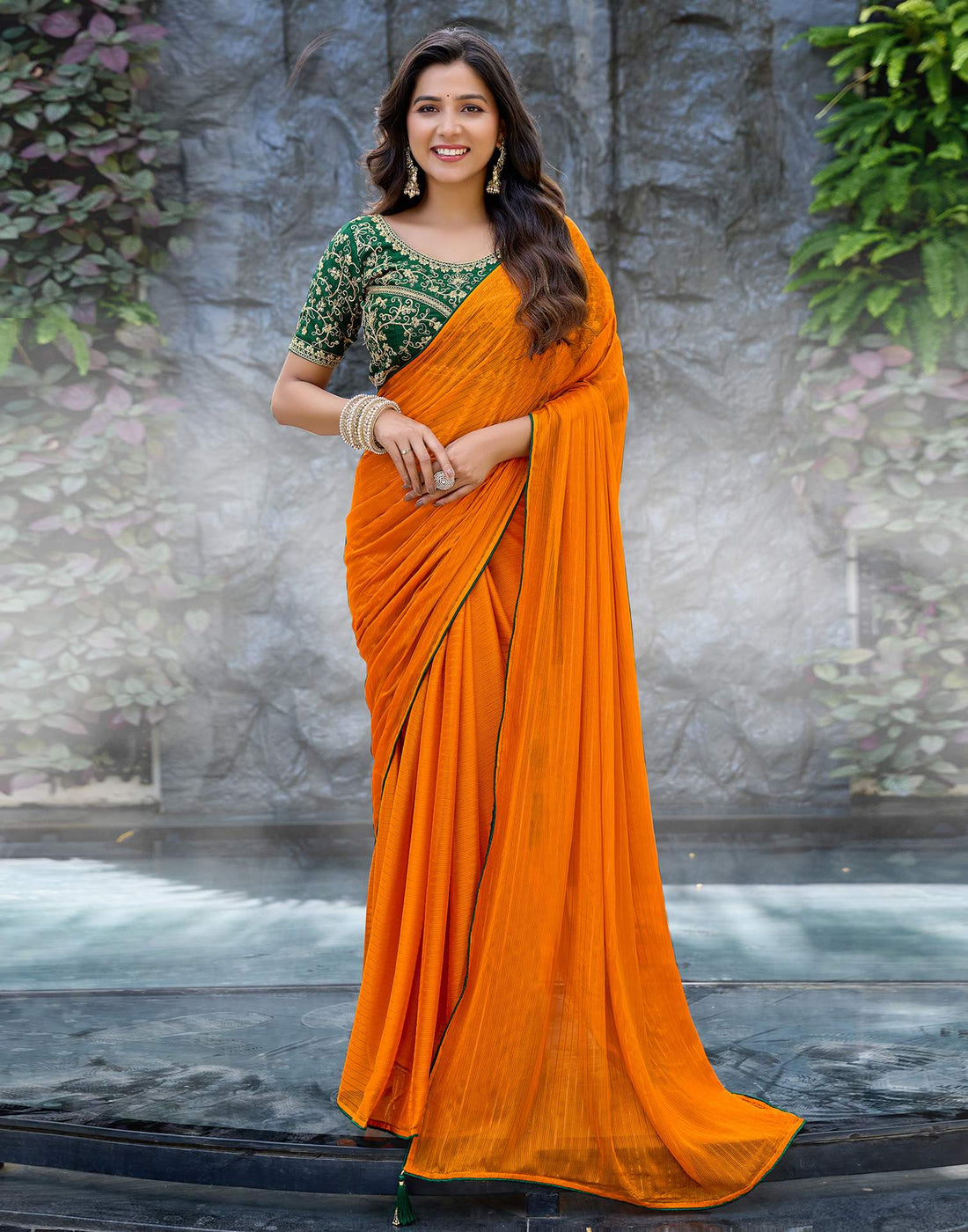 Orange Georgette Zari Stripe Saree