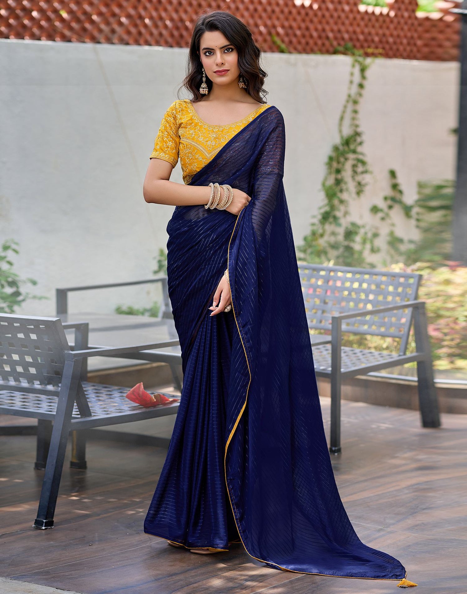 Navy Blue Georgette Zari Stripe Saree