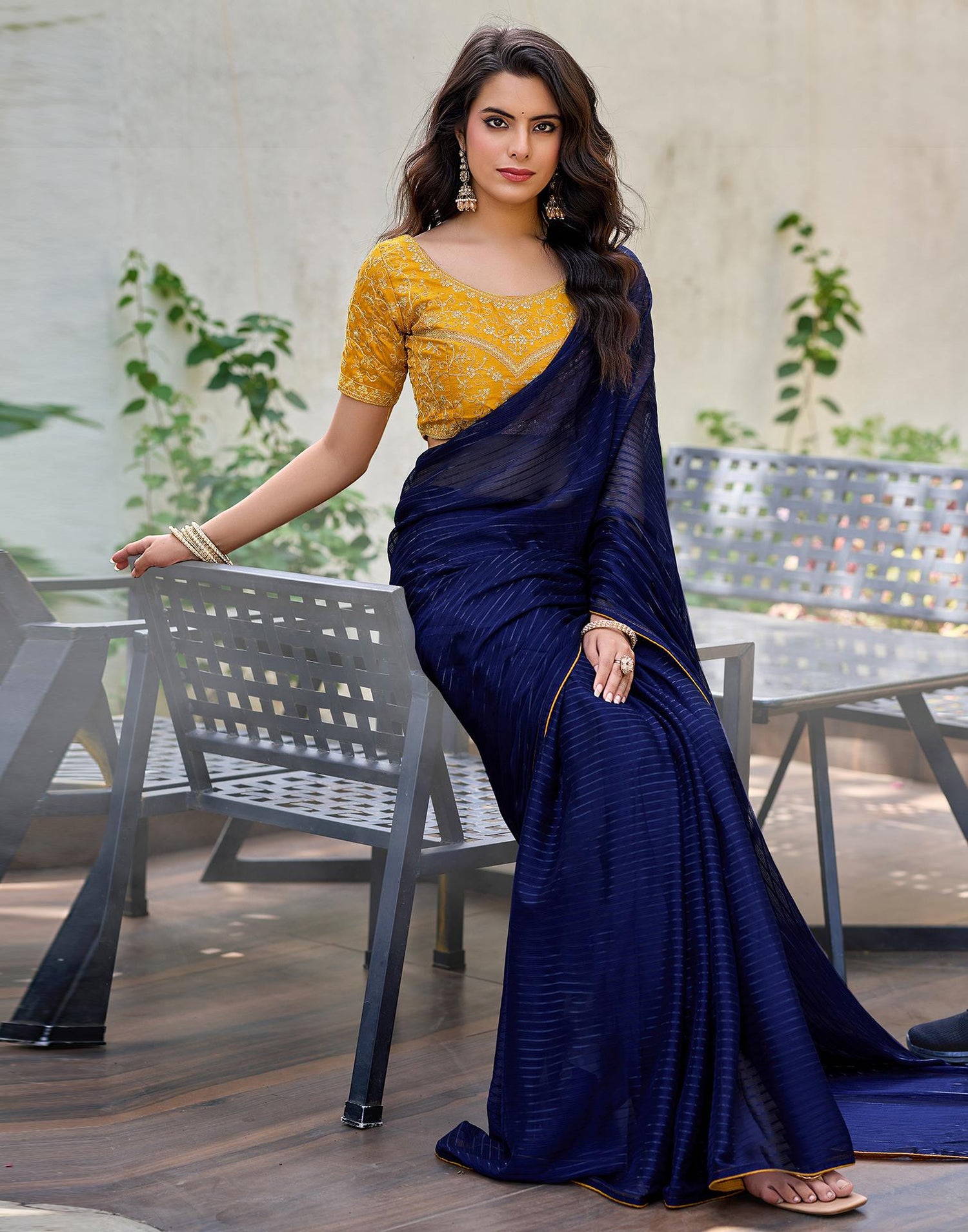 Navy Blue Georgette Zari Stripe Saree