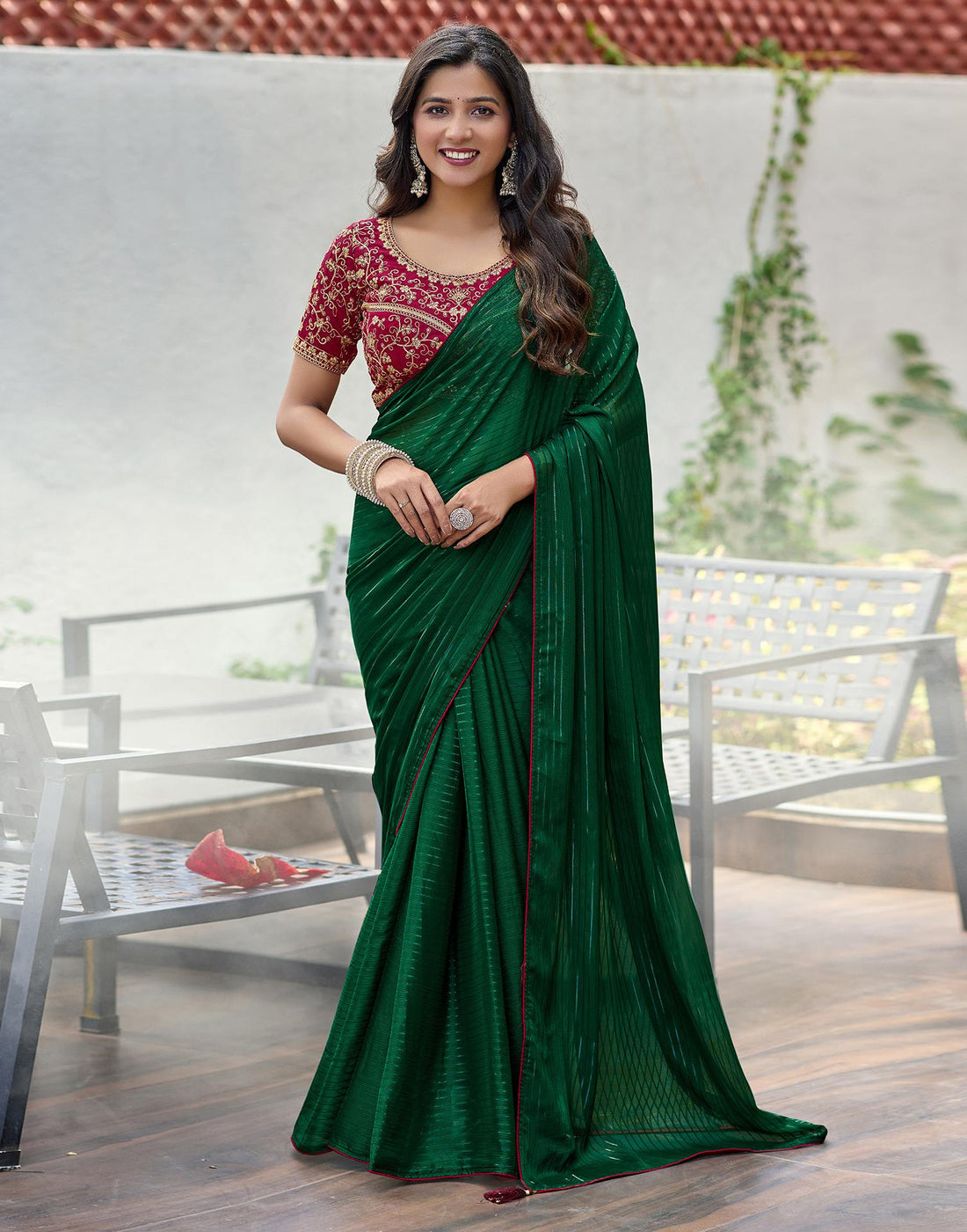 Dark Green Georgette Zari Stripe Saree