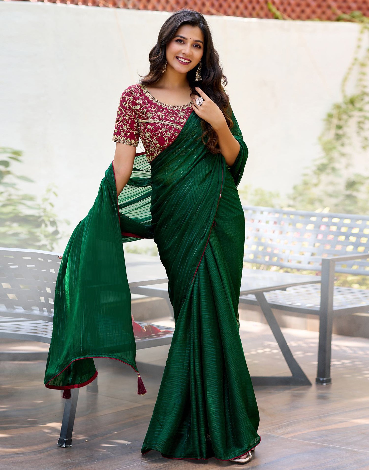 Dark Green Georgette Zari Stripe Saree