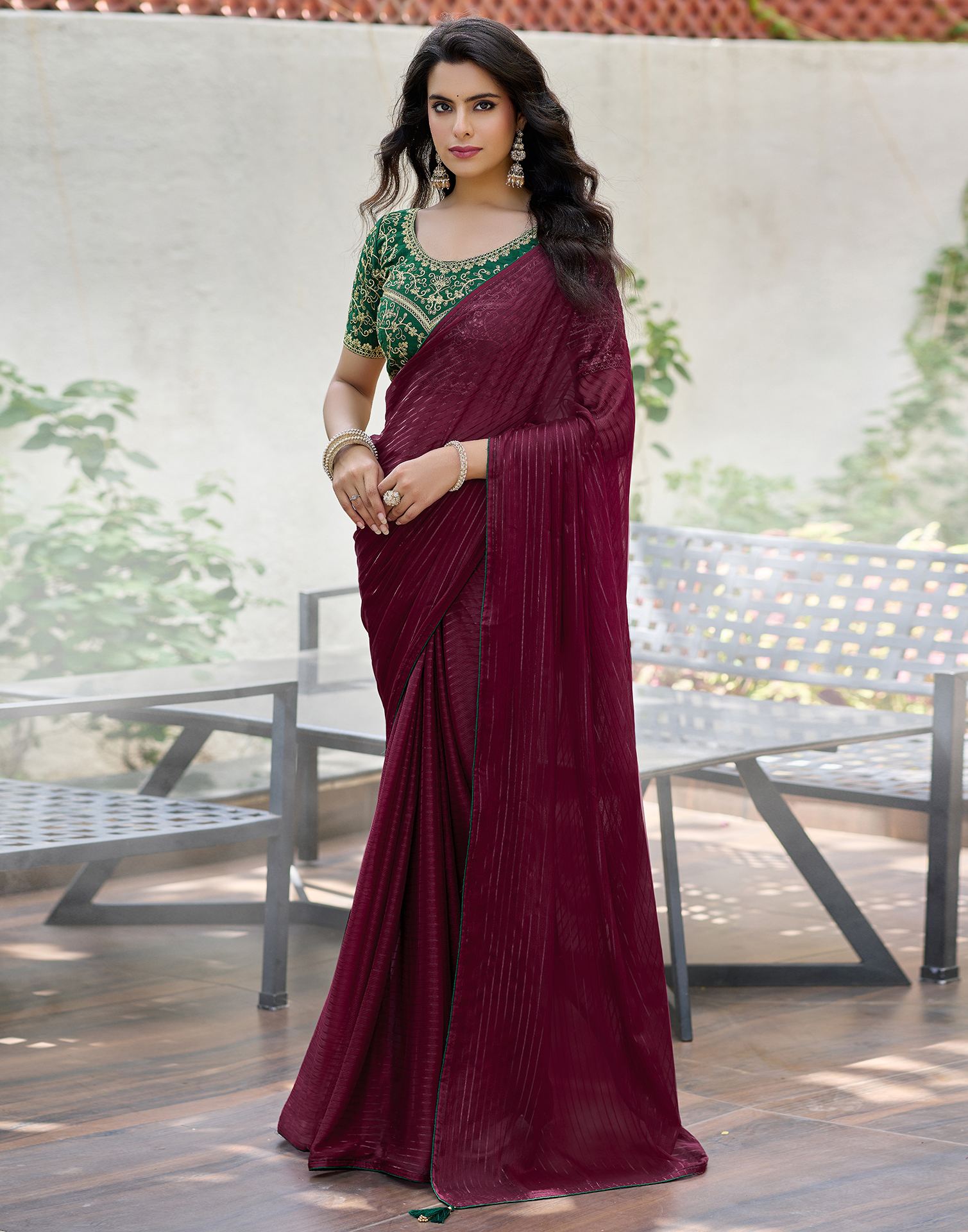 Maroon Georgette Zari Stripe Saree
