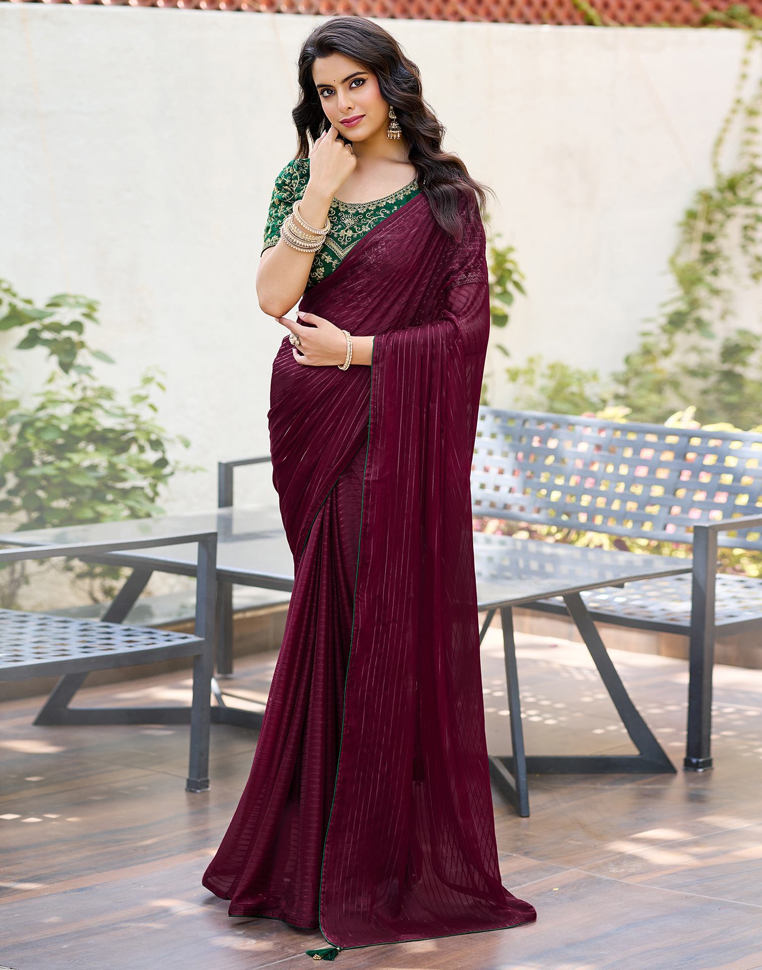 Maroon Georgette Zari Stripe Saree