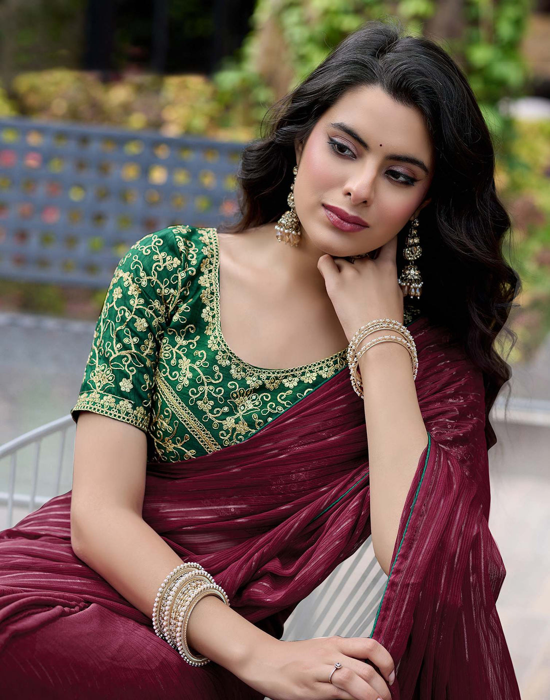 Maroon Georgette Zari Stripe Saree