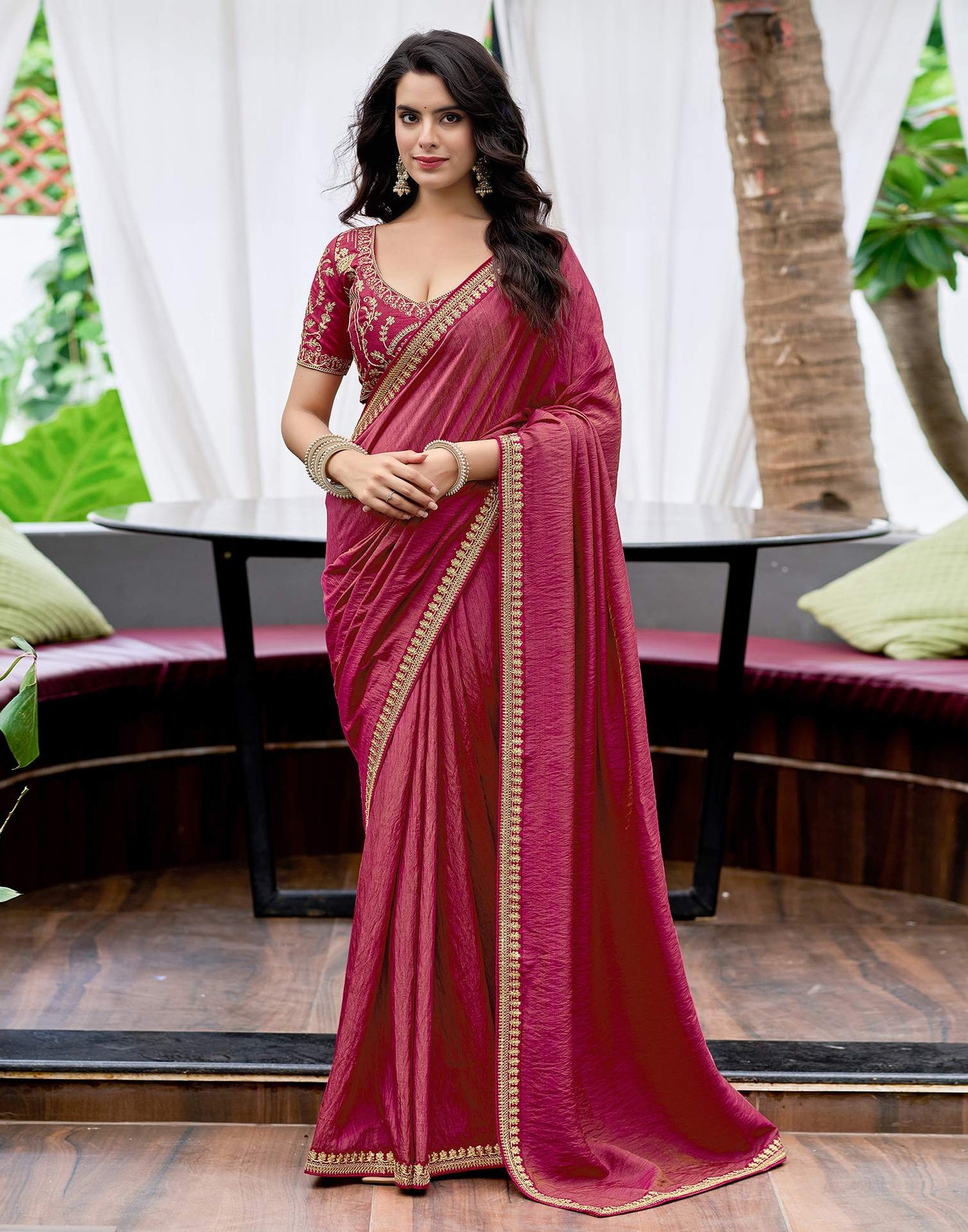 Magenta Silk Sequence Lace Saree