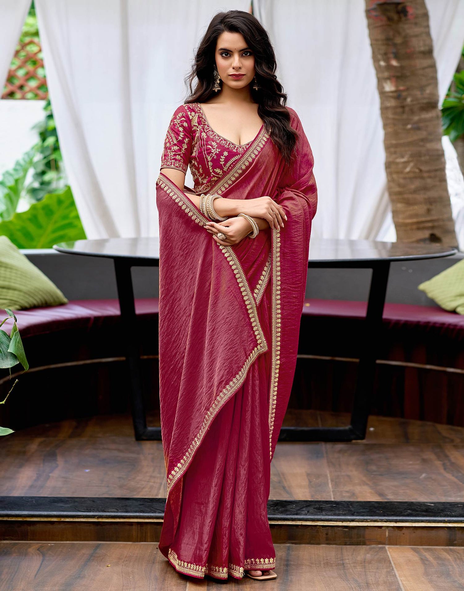 Magenta Silk Sequence Lace Saree