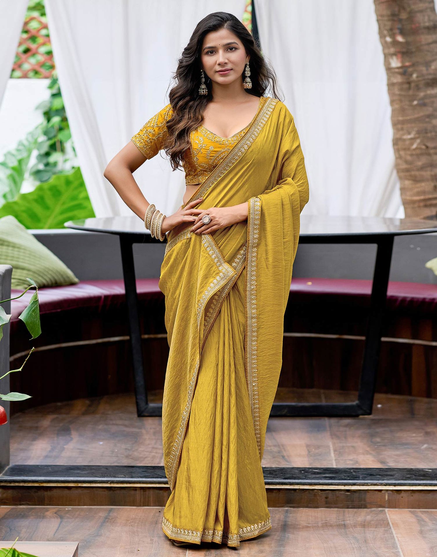 Yellow Silk Sequence Lace Saree
