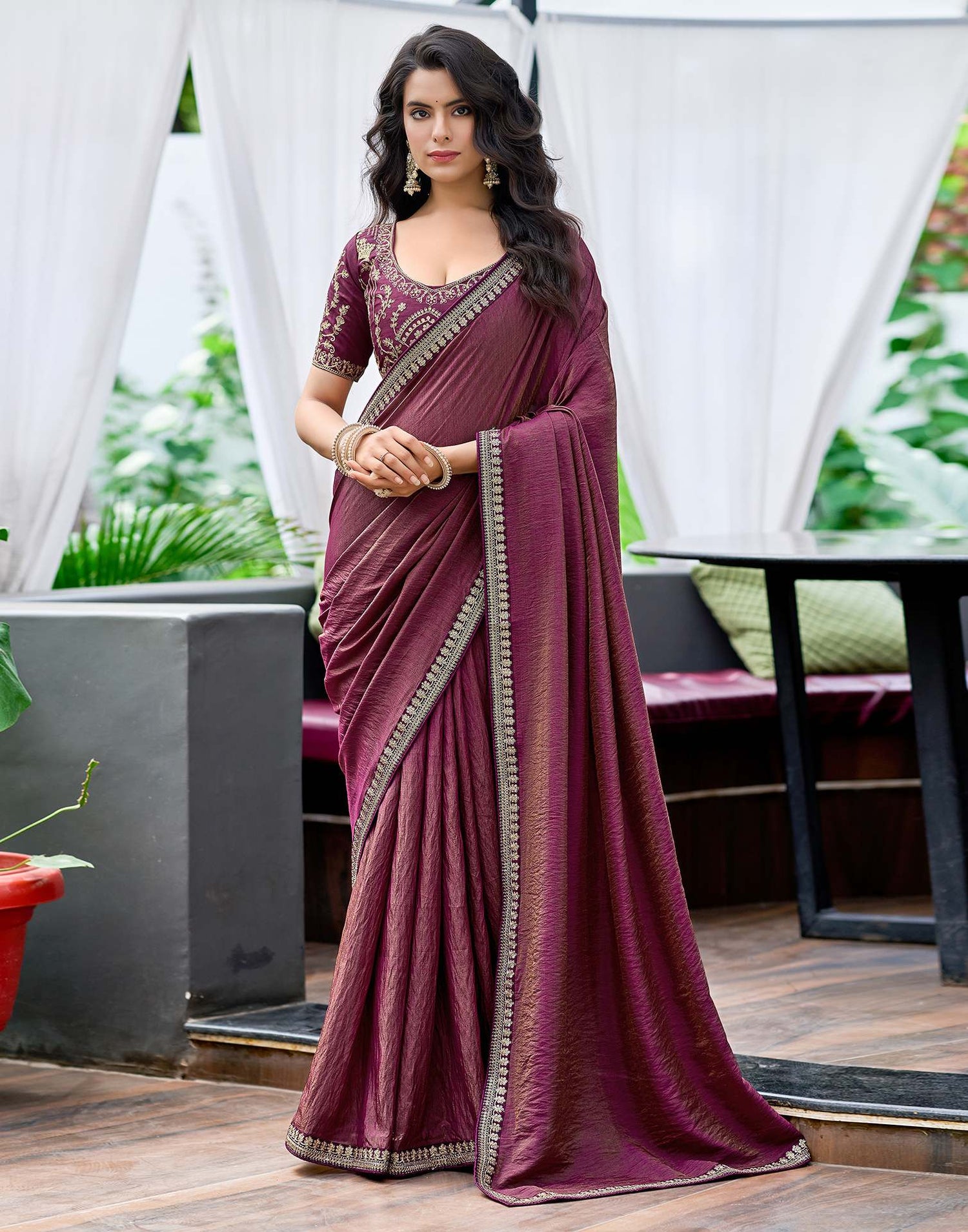 Wine Silk Sequence Lace Saree