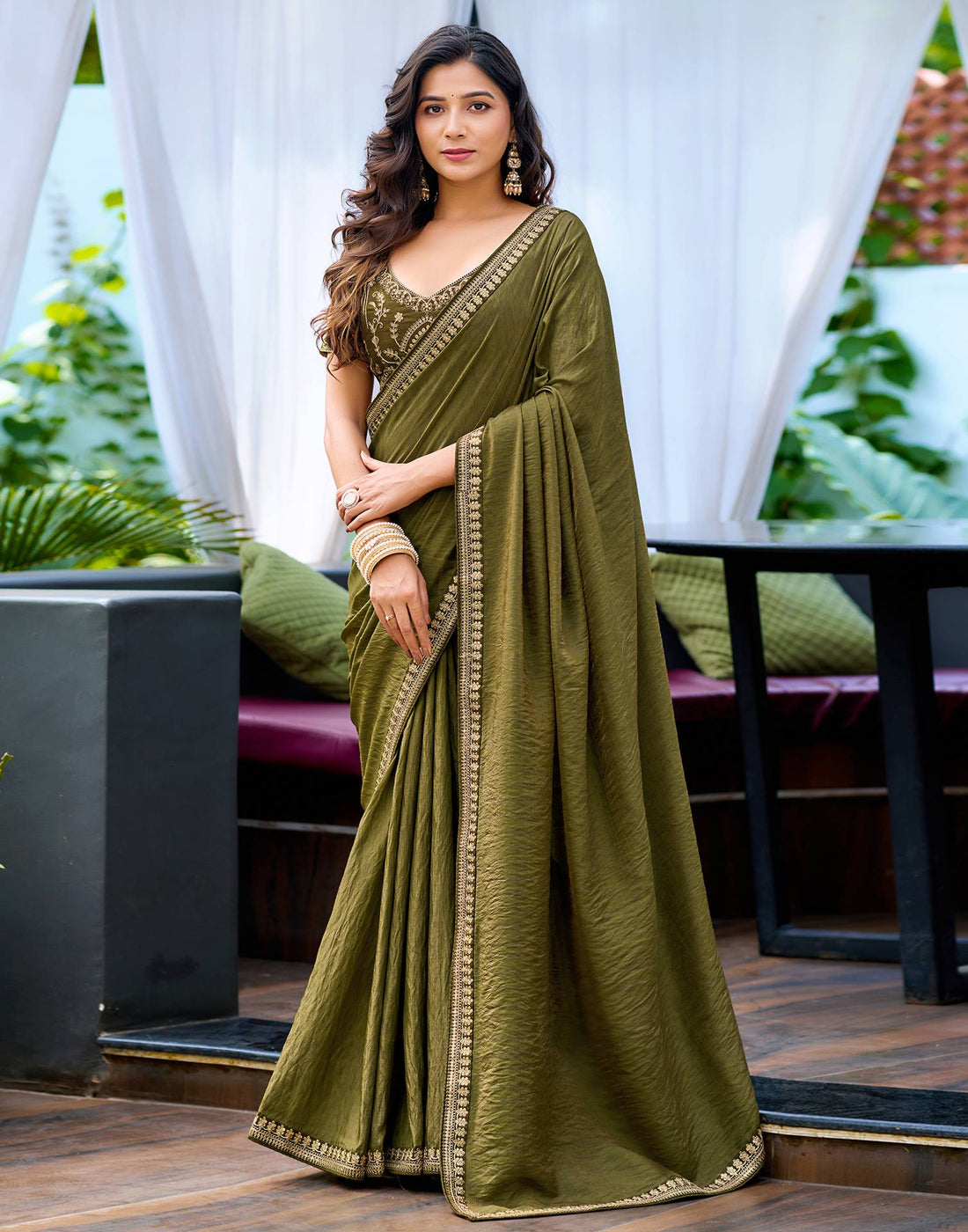 Olive Green Silk Sequence Lace Saree