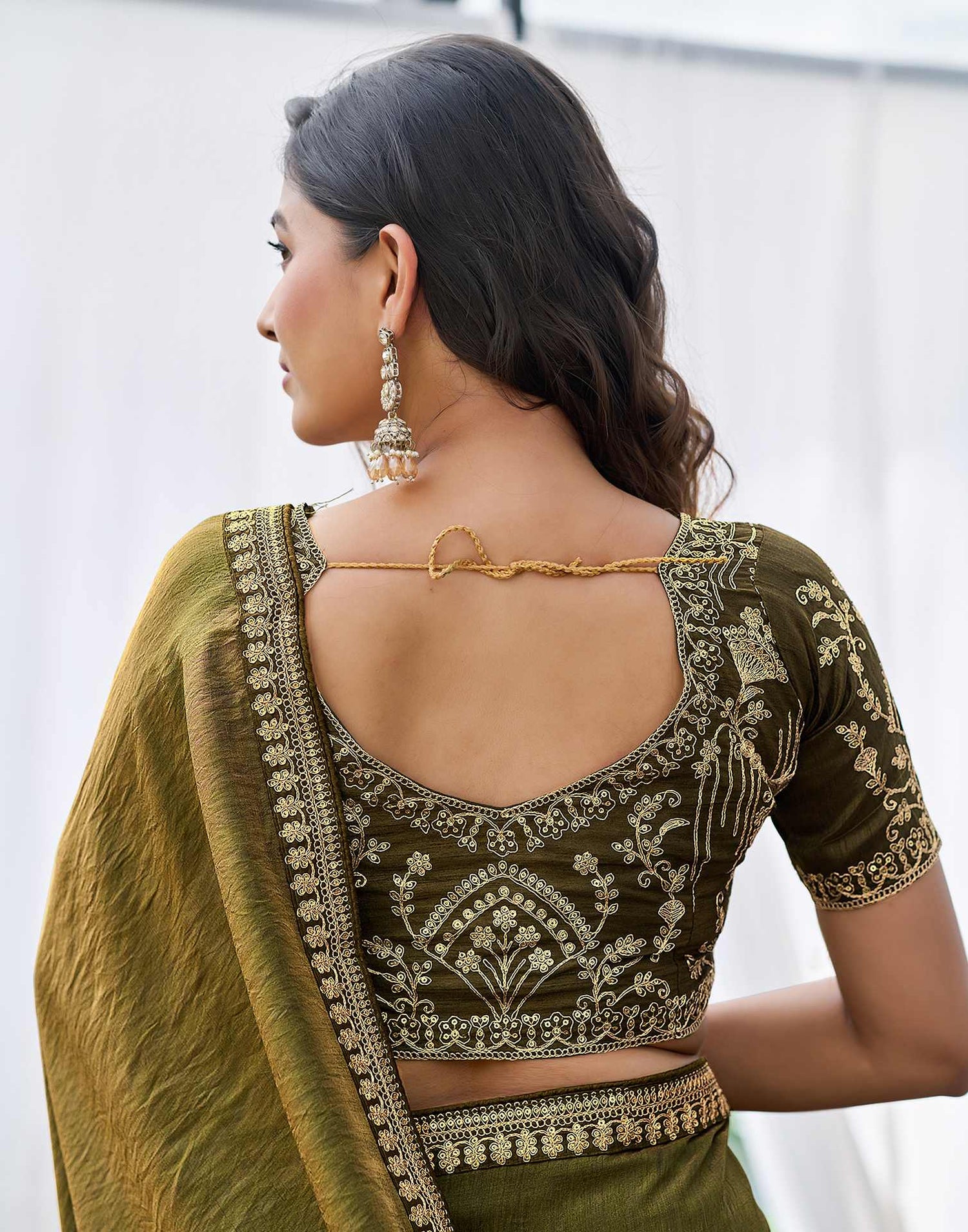 Olive Green Silk Sequence Lace Saree