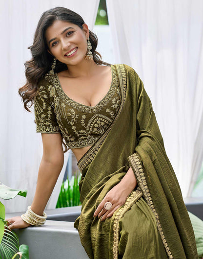 Olive Green Silk Sequence Lace Saree
