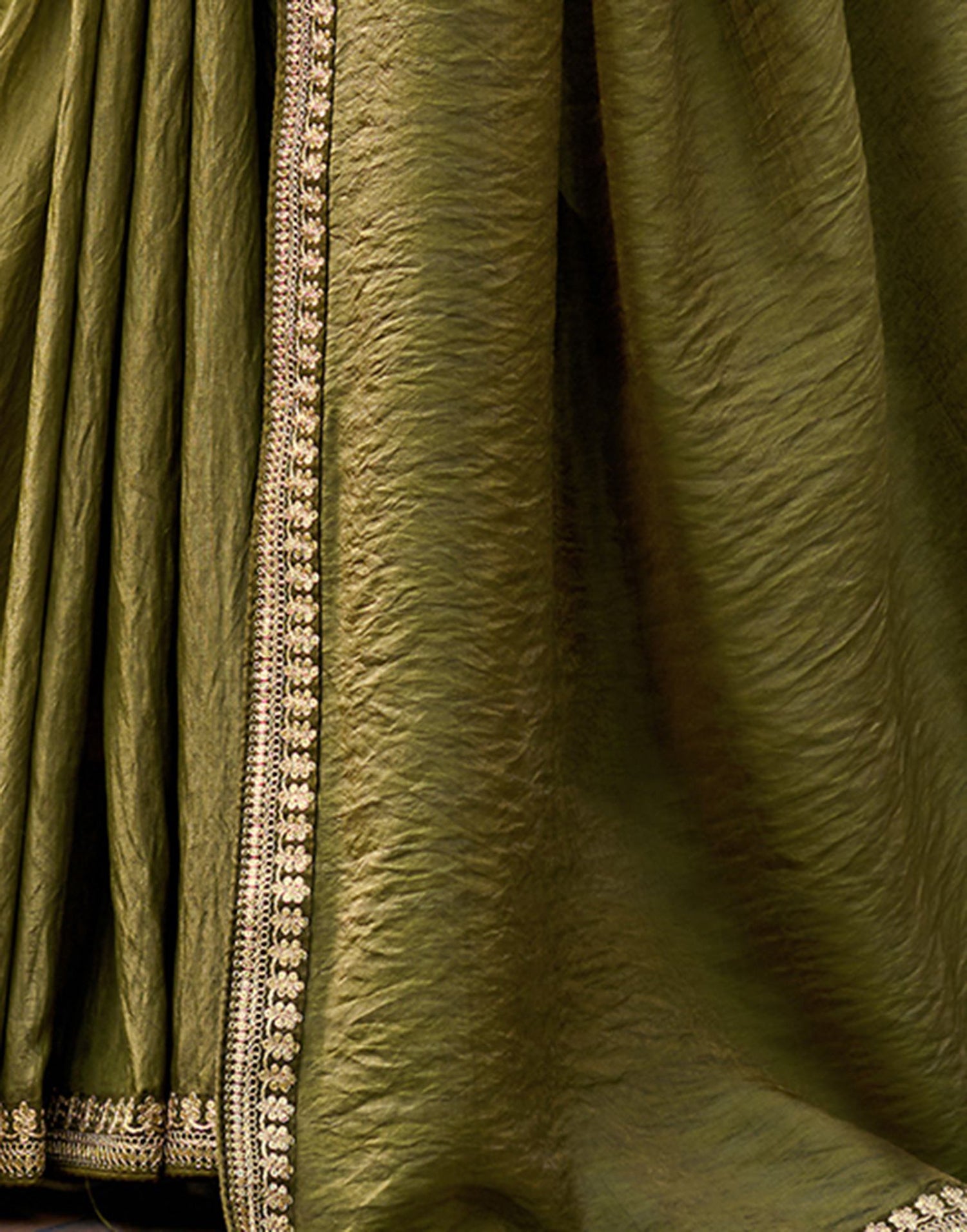 Olive Green Silk Sequence Lace Saree