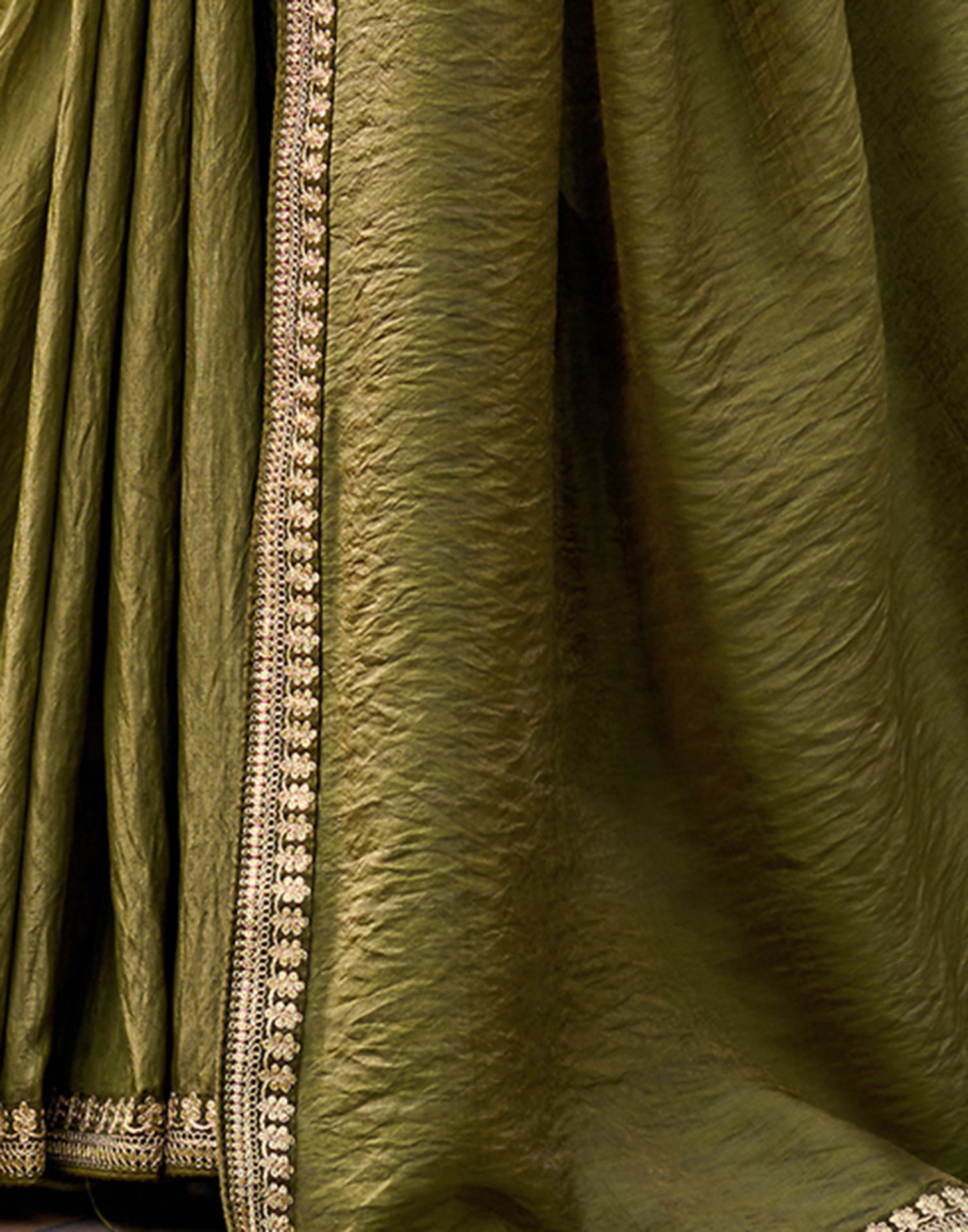 Olive Green Silk Sequence Lace Saree