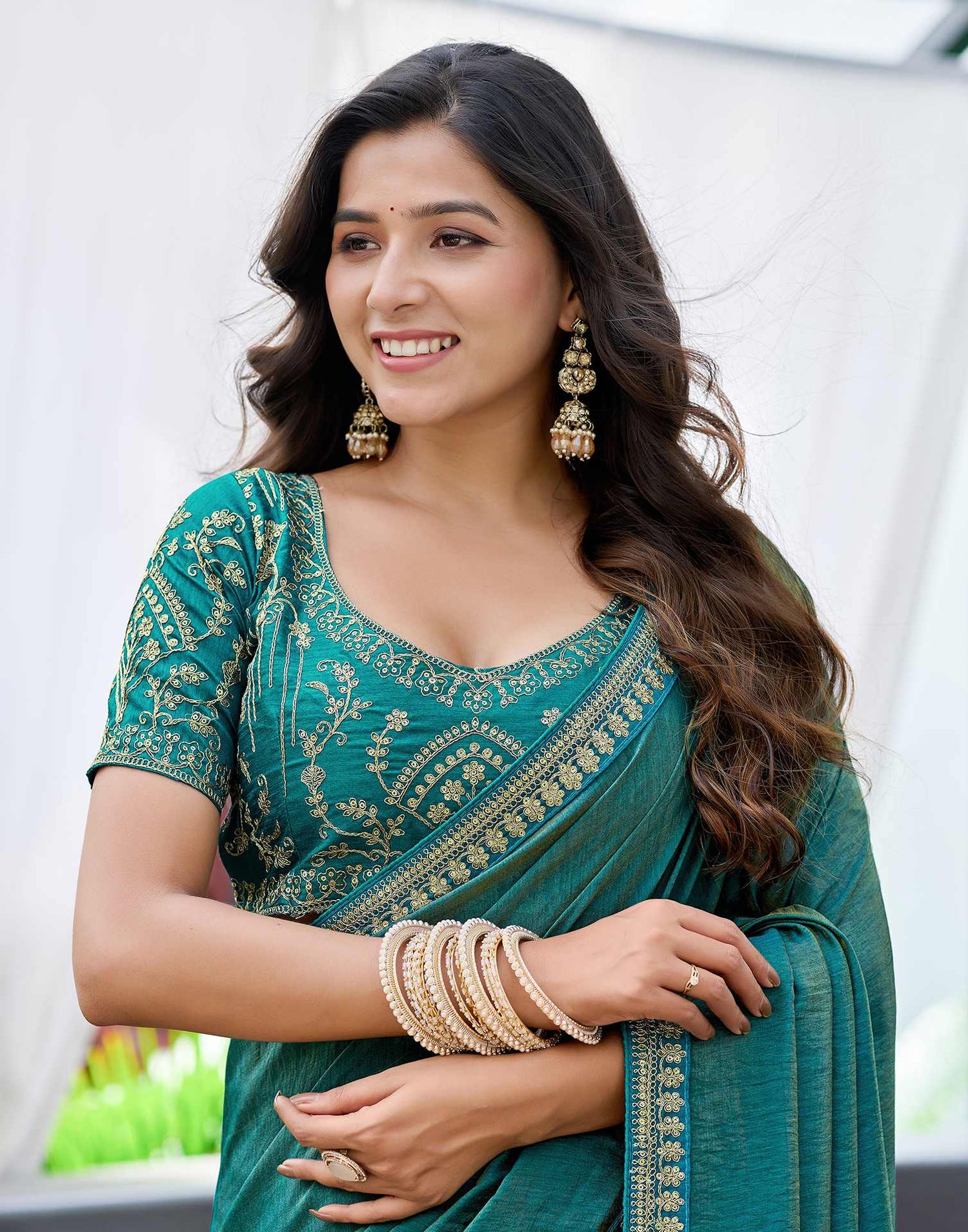 Teal Blue Silk Sequence Lace Saree