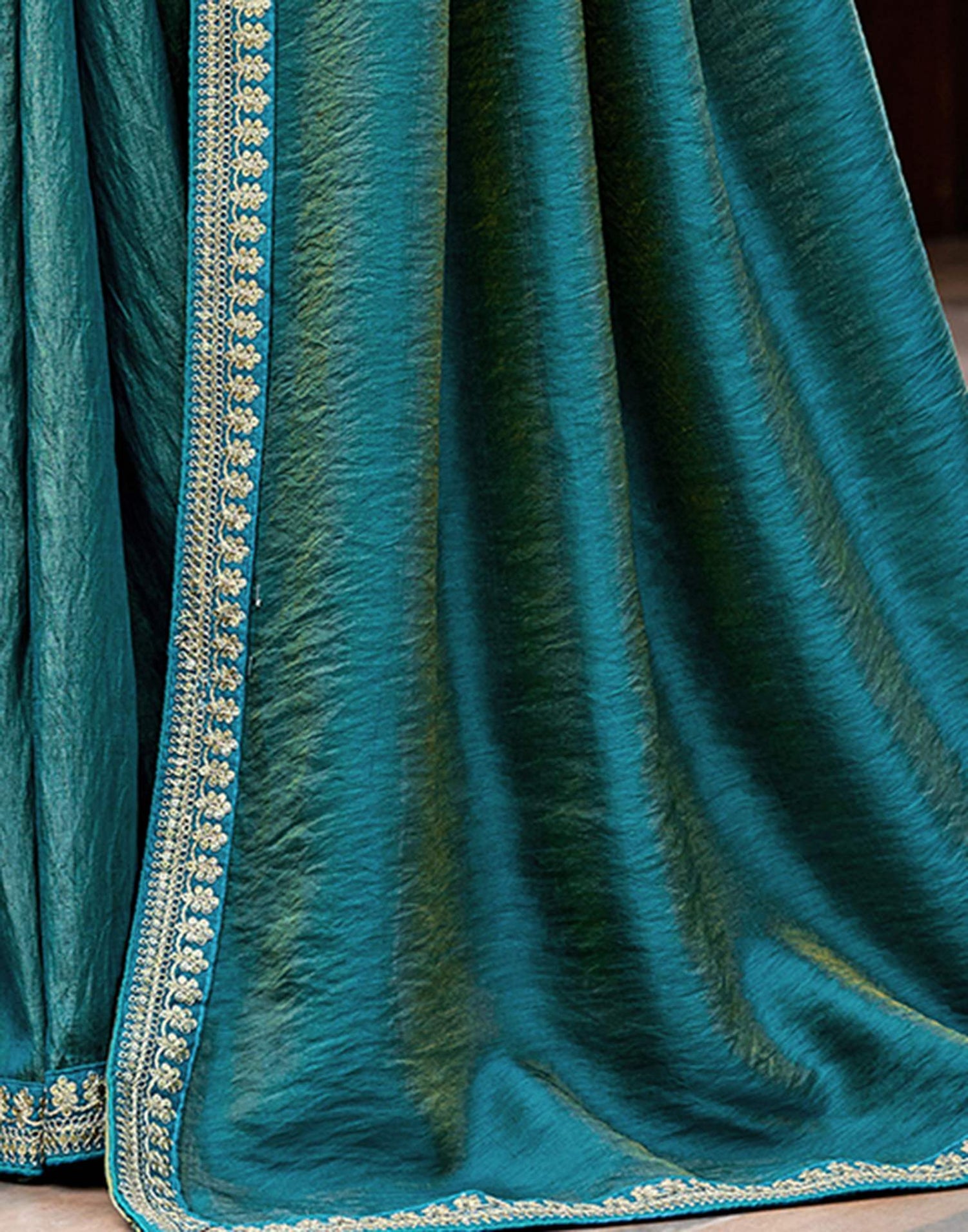 Teal Blue Silk Sequence Lace Saree