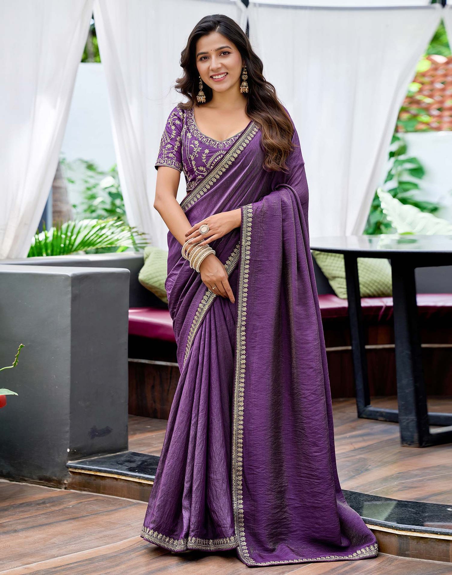 Purple Silk Sequence Lace Saree