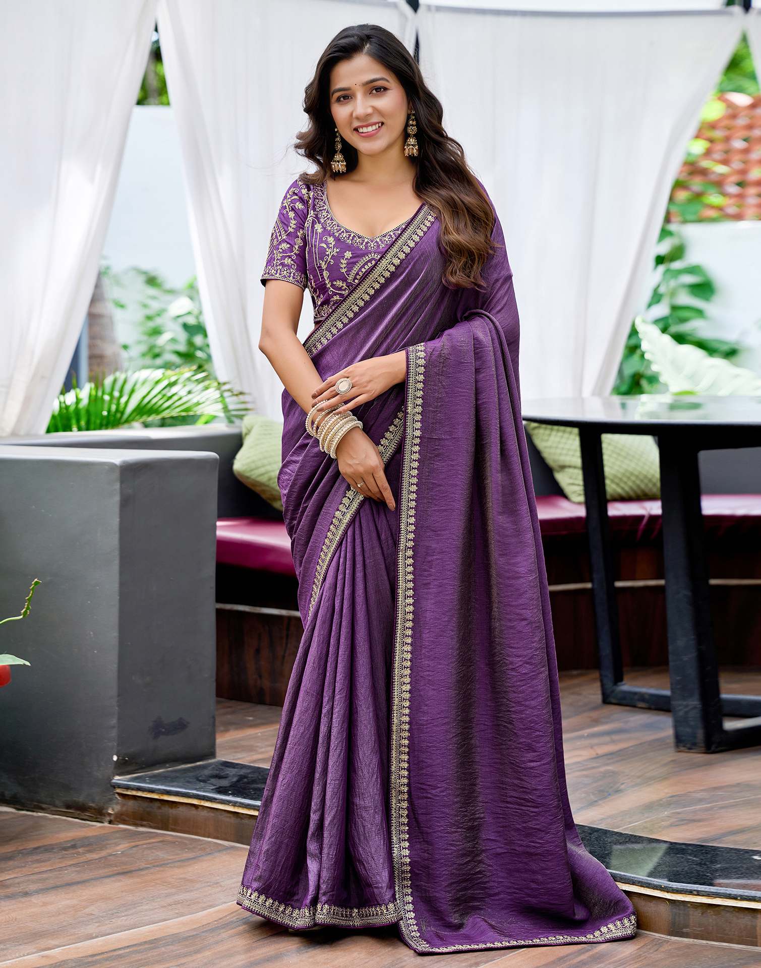 Purple Silk Sequence Lace Saree