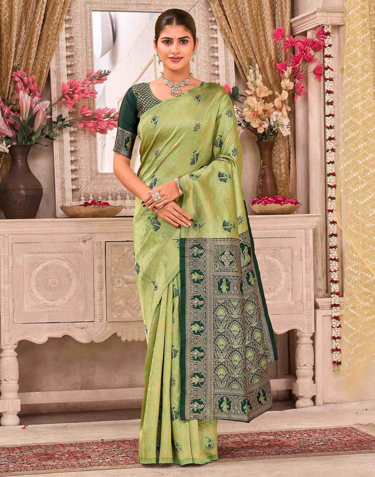 Pista Green Silk Woven Baluchari Saree