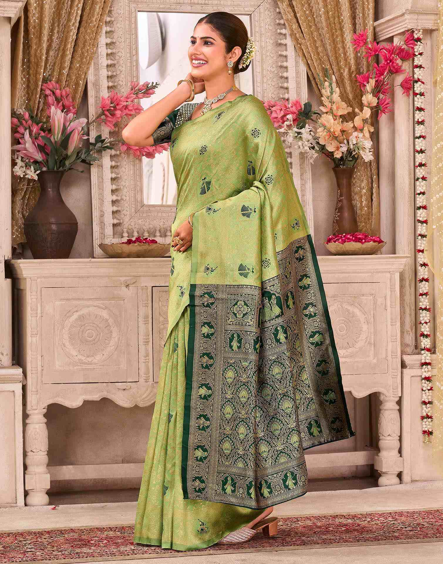 Pista Green Silk Woven Baluchari Saree