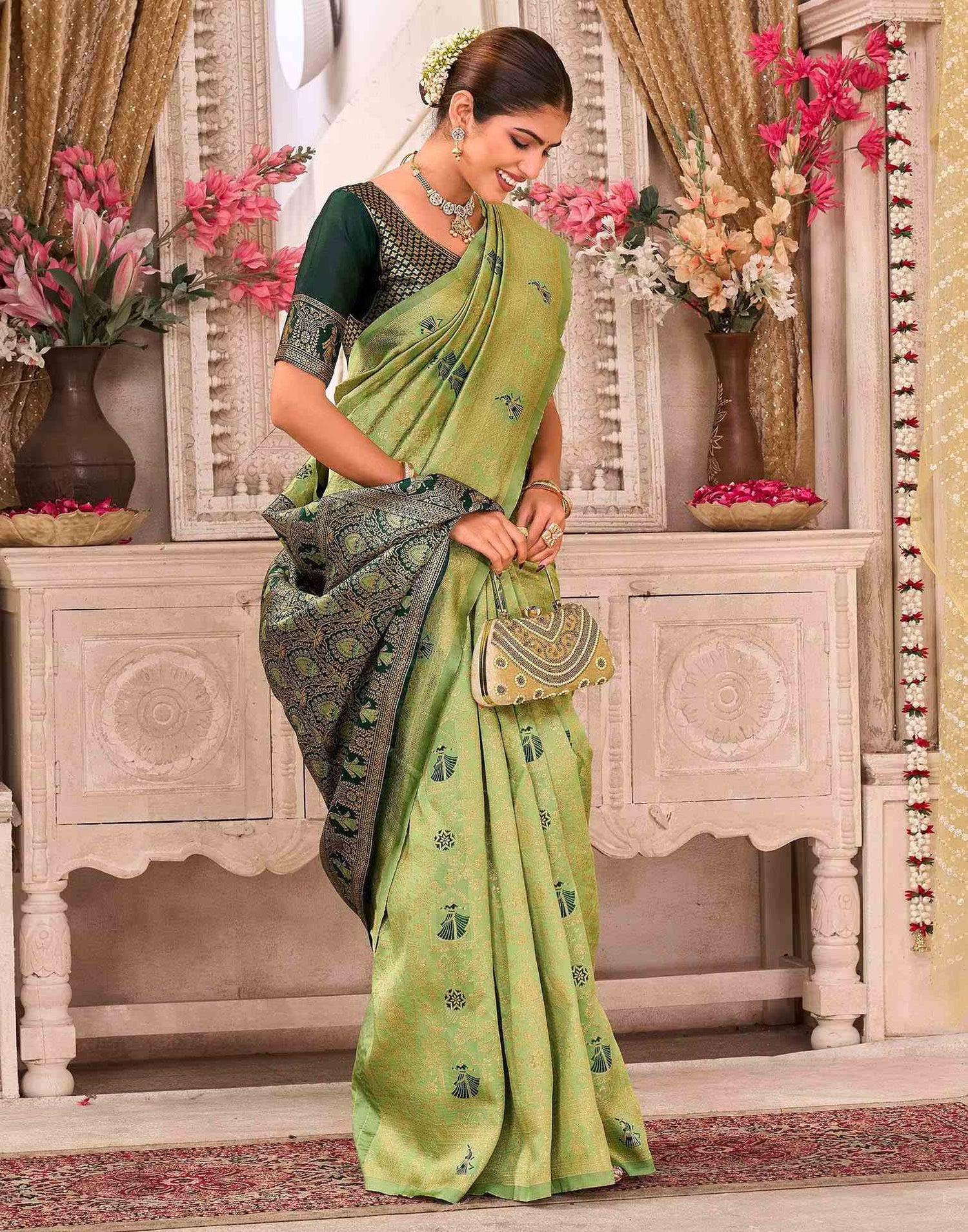 Pista Green Silk Woven Baluchari Saree