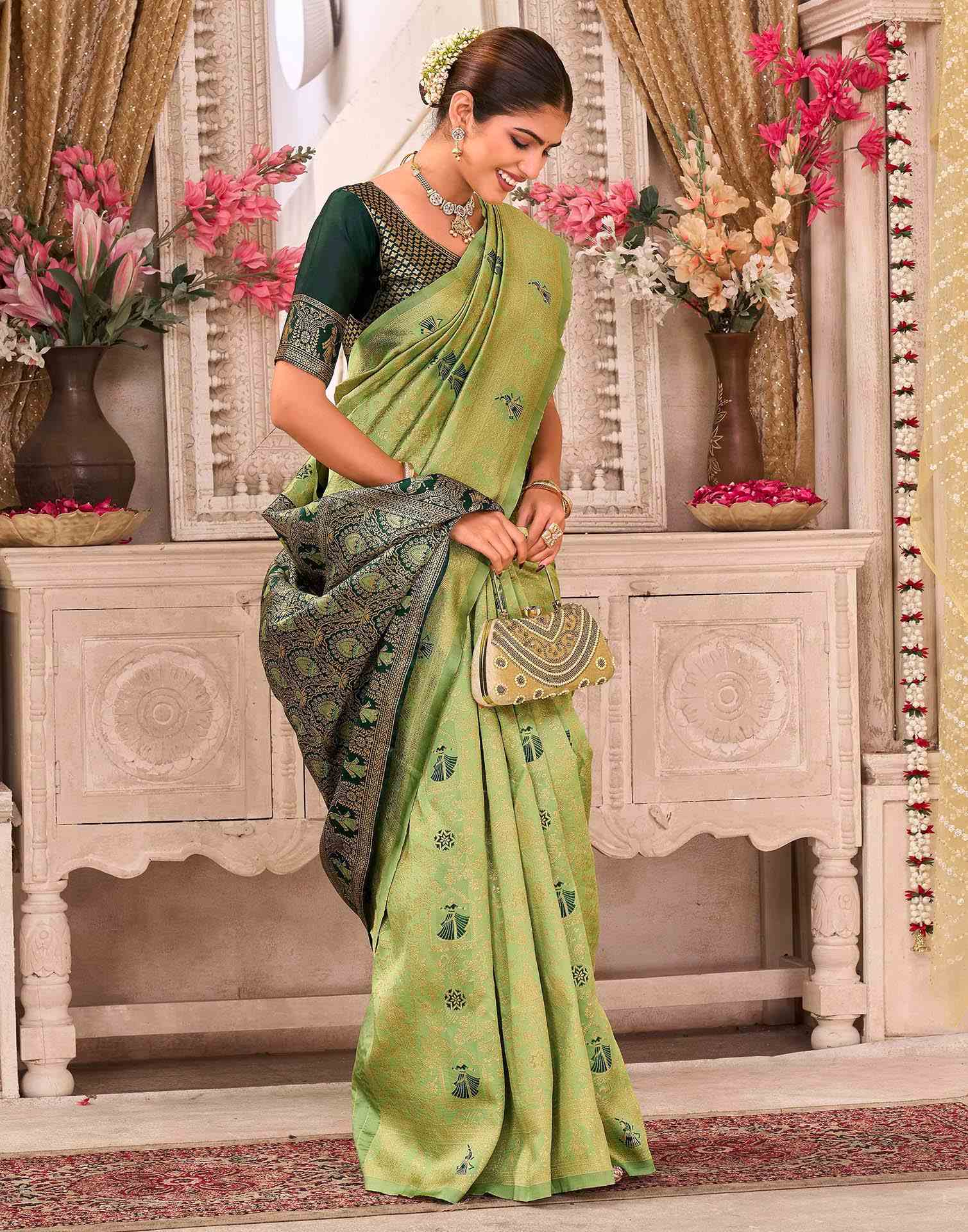 Pista Green Silk Woven Baluchari Saree